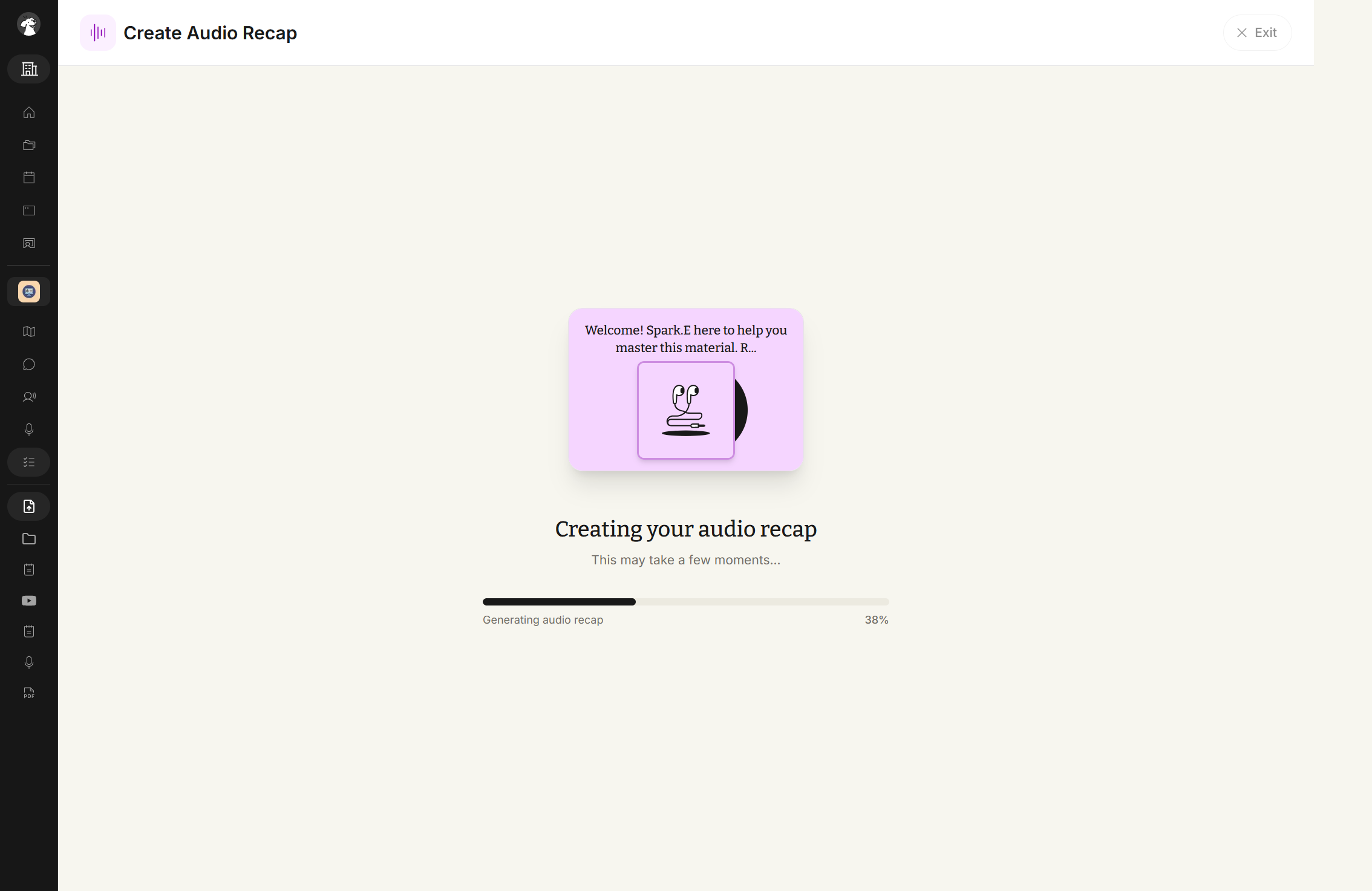 The Create Audio Recap screen while the recap builds. A cover card sits above the heading Creating your audio recap and the line This may take a few moments, with a progress bar labeled Generating audio recap below them. An Exit button sits in the top right.
