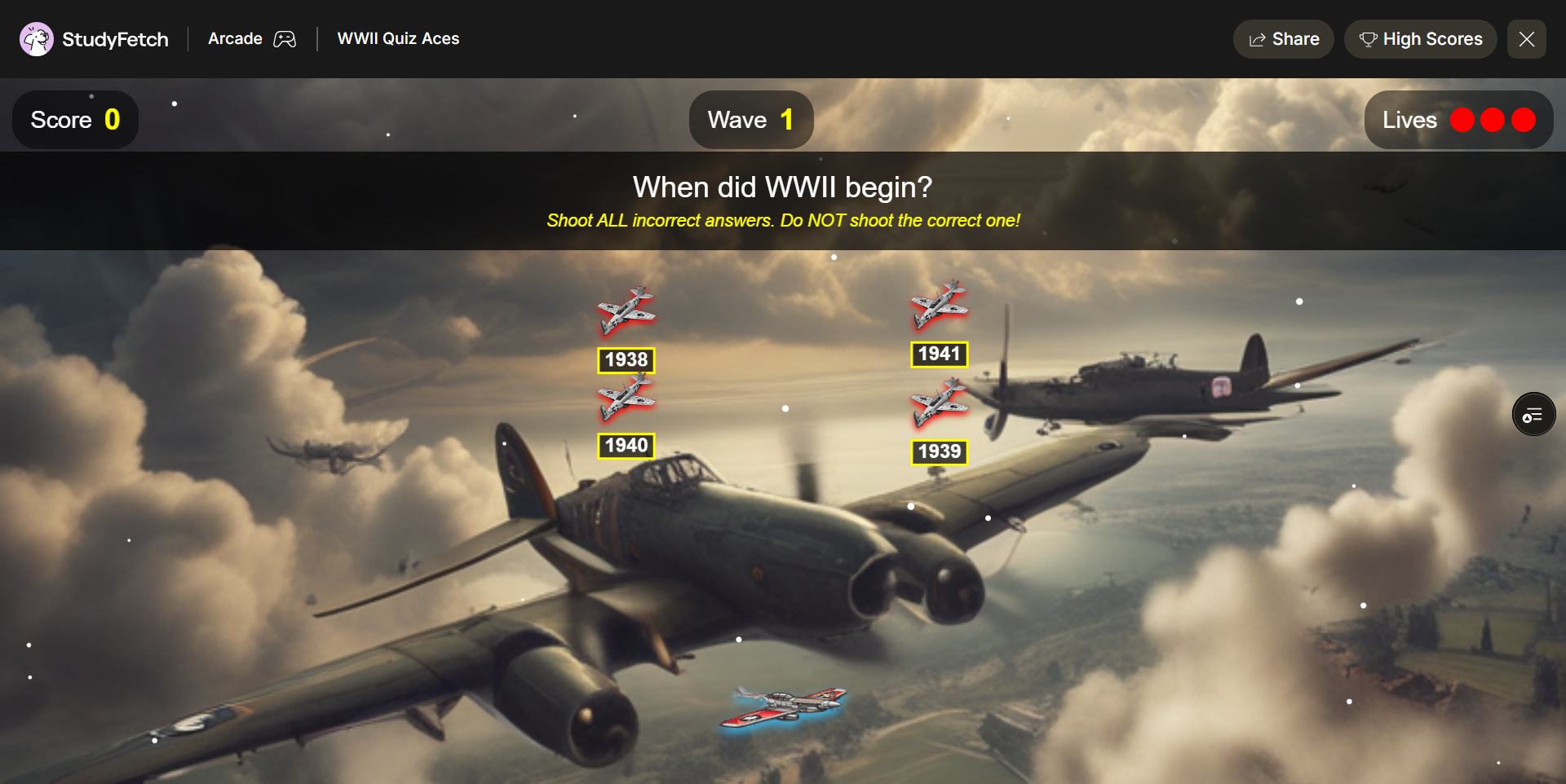 WWII Quiz Aces gameplay. The banner reads When did WWII begin? with the line Shoot ALL incorrect answers. Do NOT shoot the correct one! Four answer planes carry the labels 1938, 1940, 1941 and 1939, and the player plane sits at the bottom. The status bar shows Score 0, Wave 1 and Lives with three markers.