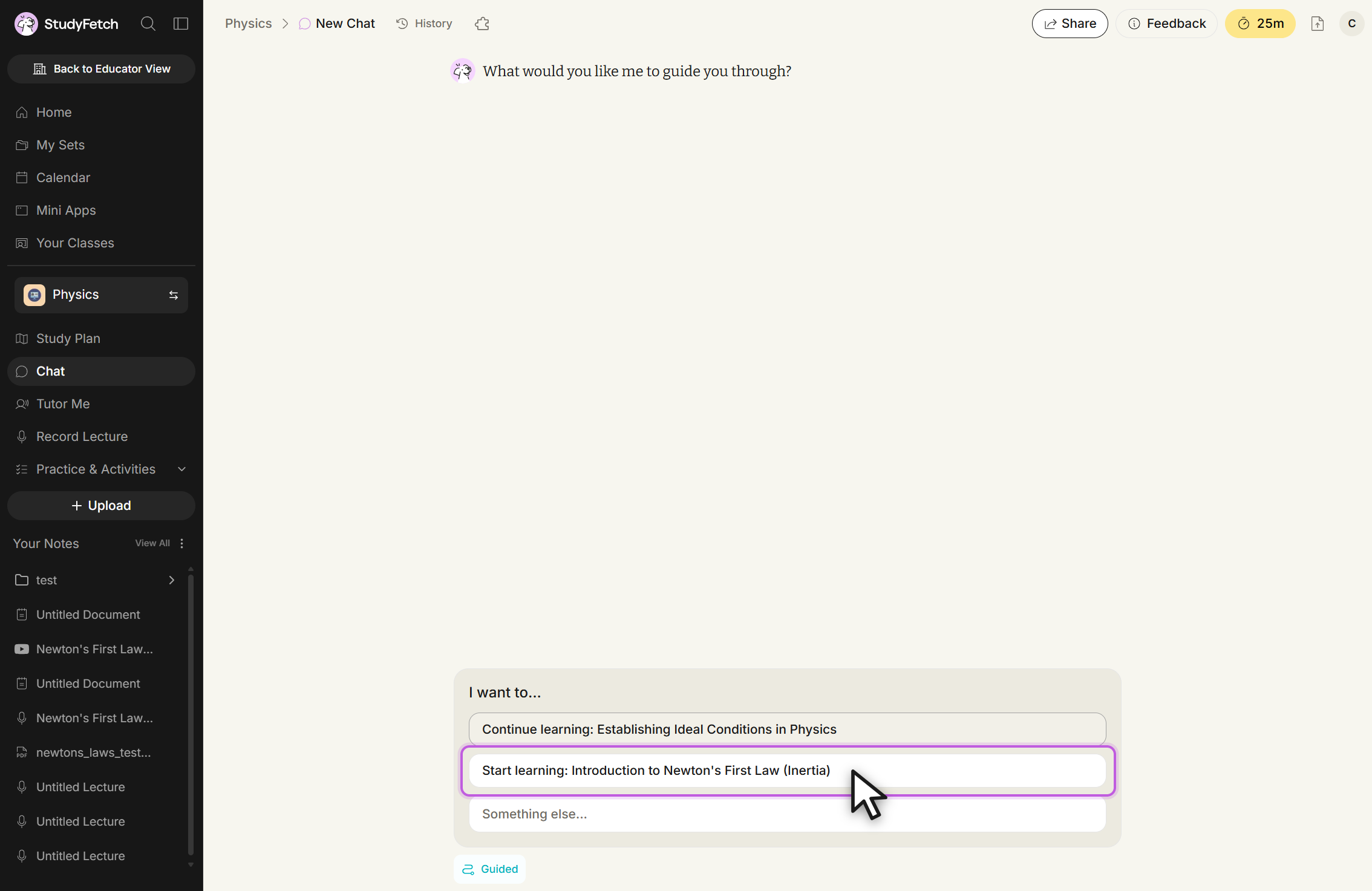 New Chat in Guided mode. Spark.E asks What would you like me to guide you through? An I want to... picker below lists three choices: Continue learning: Establishing Ideal Conditions in Physics, Start learning: Introduction to Newton's First Law (Inertia), highlighted under the cursor, and Something else... A Guided toggle sits beneath the picker.