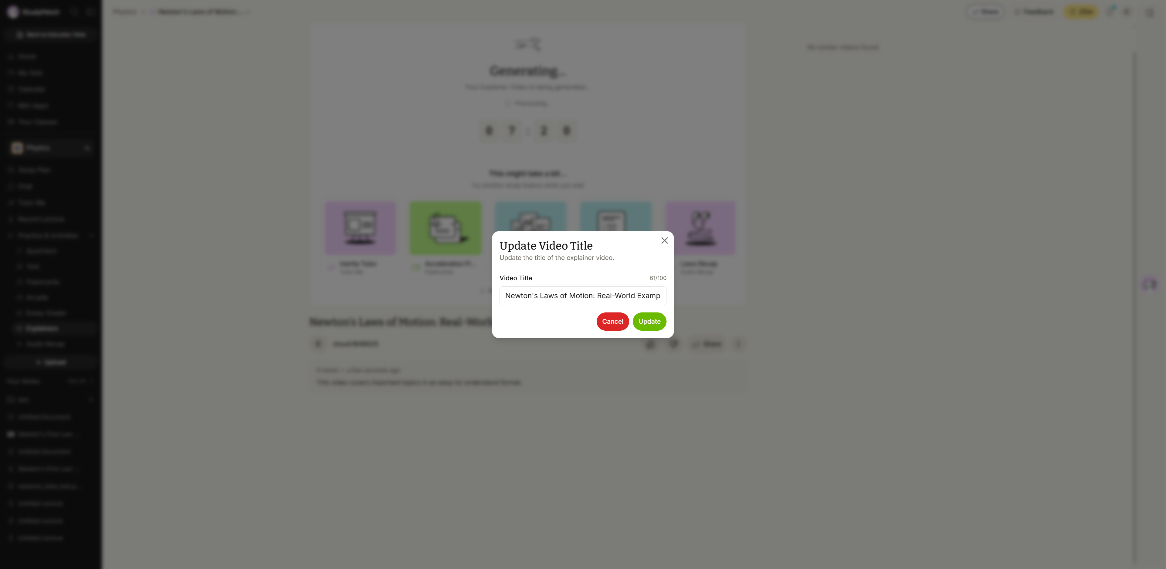 The Update Video Title modal, subtitled Update the title of the explainer video. A Video Title field holds the video's current title, with a character counter above its right edge. Cancel and Update buttons sit below the field and a close X is in the top right corner.