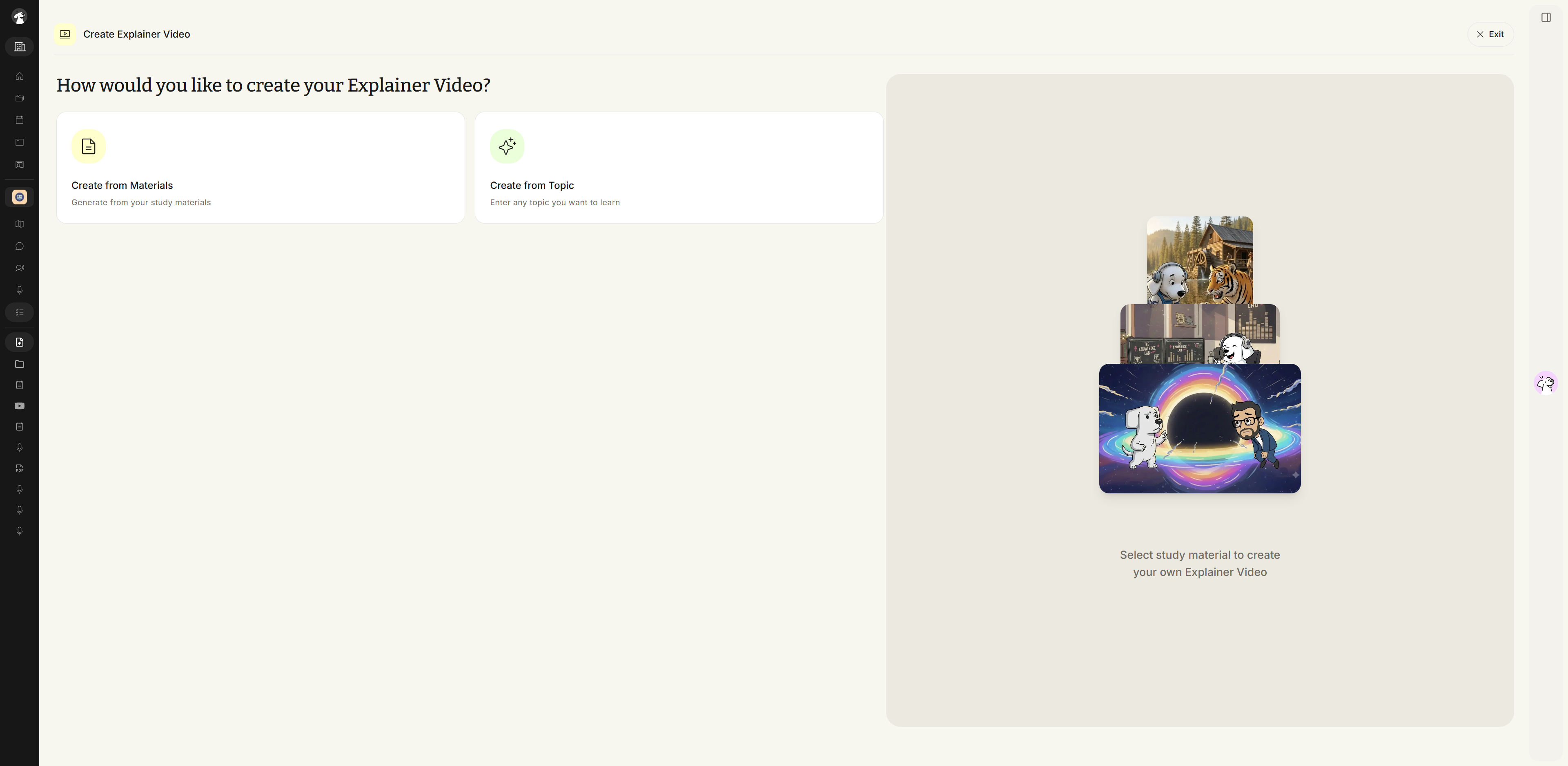 The Create Explainer Video screen asking how you would like to create your video, with two options: Create from Materials and Create from Topic.