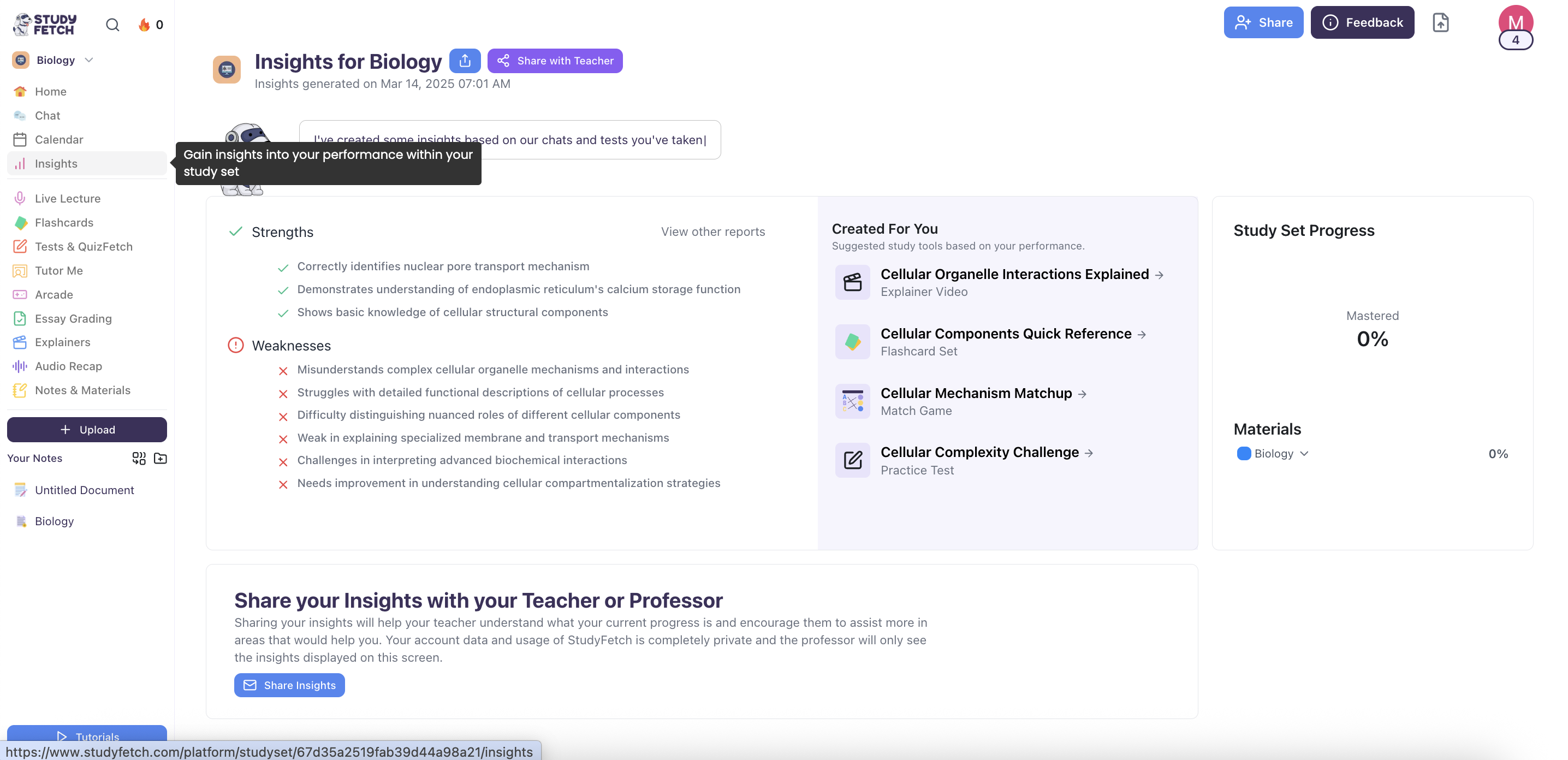 The Insights for Biology page, headed Insights generated on Mar 14, 2025 07:01 AM, with Share and Share with Teacher buttons beside the title. Three panels sit below: Strengths and Weaknesses, Created For You with four suggested study tools, and Study Set Progress reading Mastered 0%. A Share your Insights with your Teacher or Professor panel runs underneath. In the left navigation Insights is selected and shows the tooltip Gain insights into your performance within your study set.