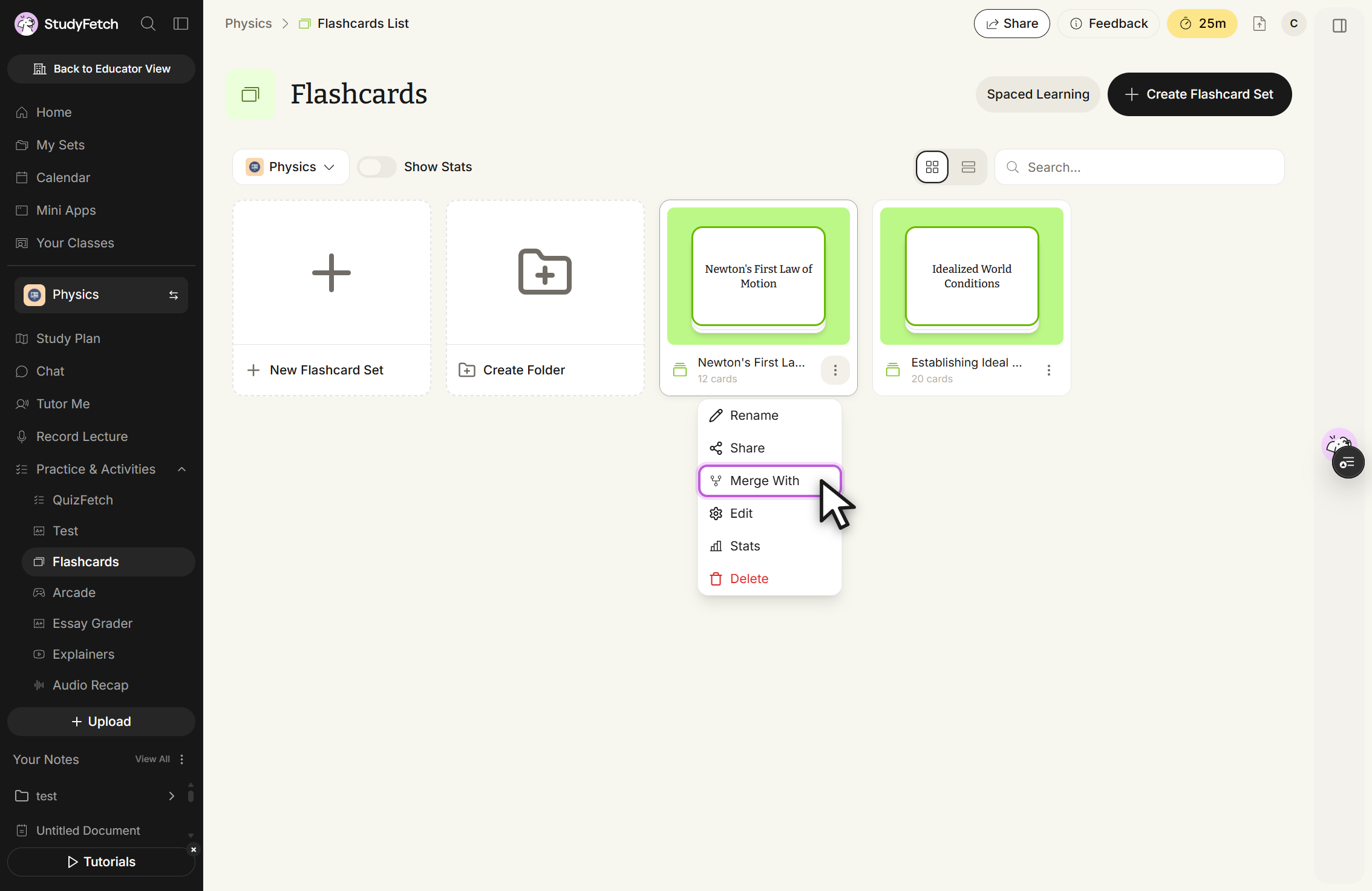 The Flashcards page with the three dot menu open on a saved flashcard set card. The menu lists Rename, Share, Merge With under the cursor, Edit, Stats and Delete. New Flashcard Set and Create Folder tiles and the other saved set cards sit alongside, with Spaced Learning and Create Flashcard Set at the top right.