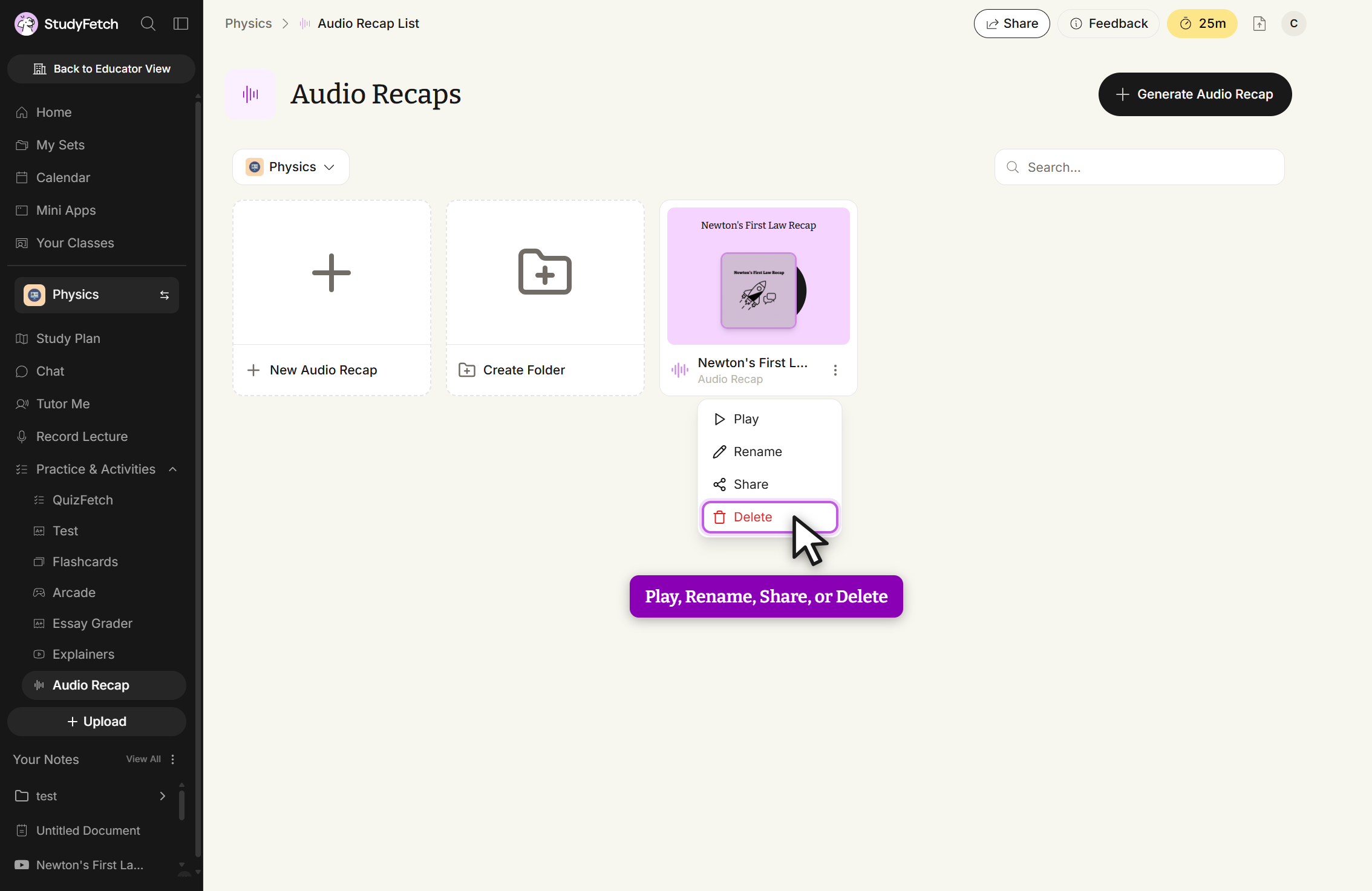 The Audio Recaps page for a study set, with a + Generate Audio Recap button in the top right and a Search field. The grid holds a New Audio Recap tile, a Create Folder tile, and a card for each saved recap labeled Audio Recap. One card's three-dot menu is open and lists Play, Rename, Share and Delete, with the cursor over Delete.