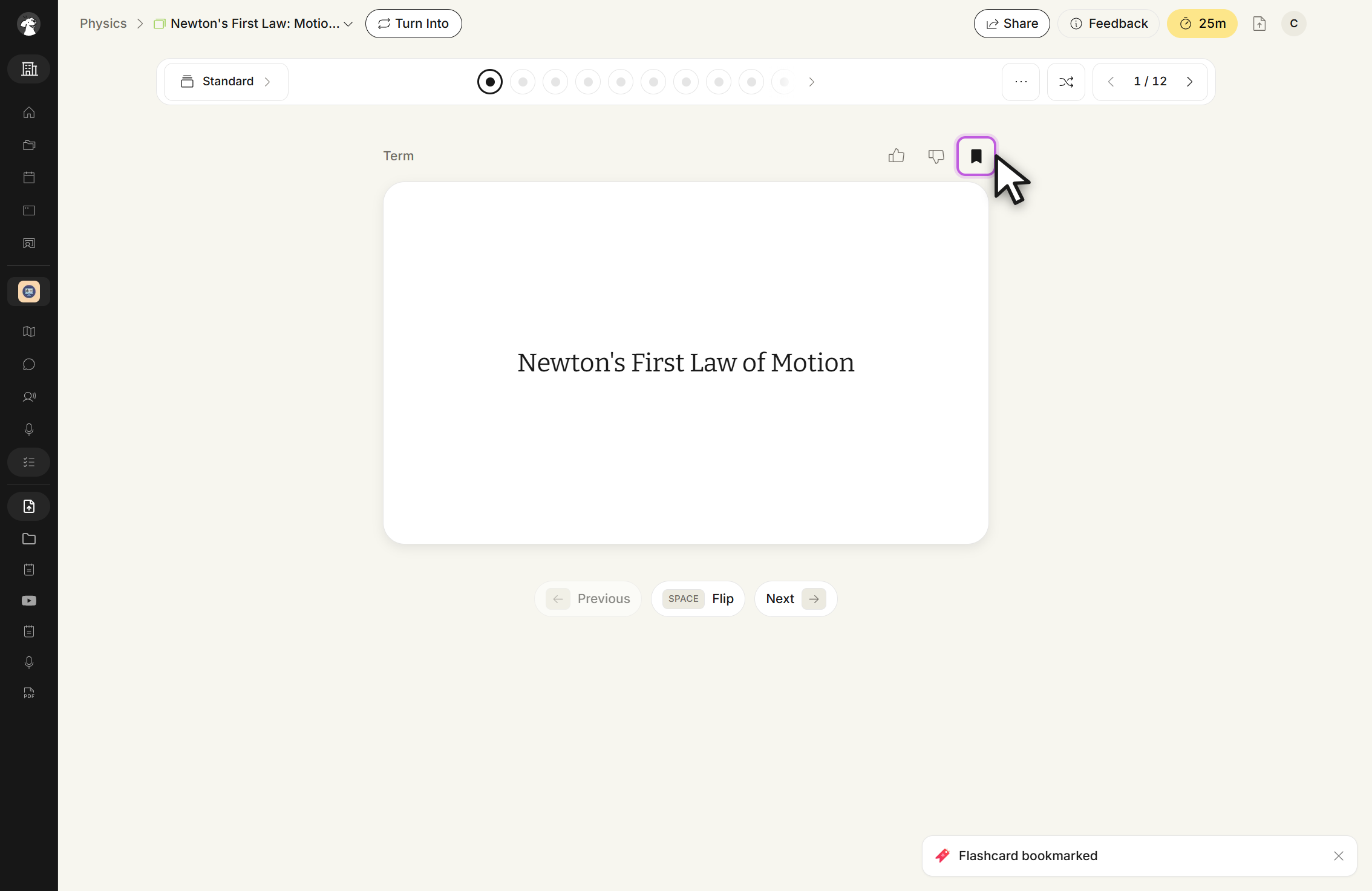 The flashcard study screen in Standard mode with the cursor on the bookmark icon above the card and the icon filled in. A toast in the bottom right reads Flashcard bookmarked with a close X. The card front is labelled Term.
