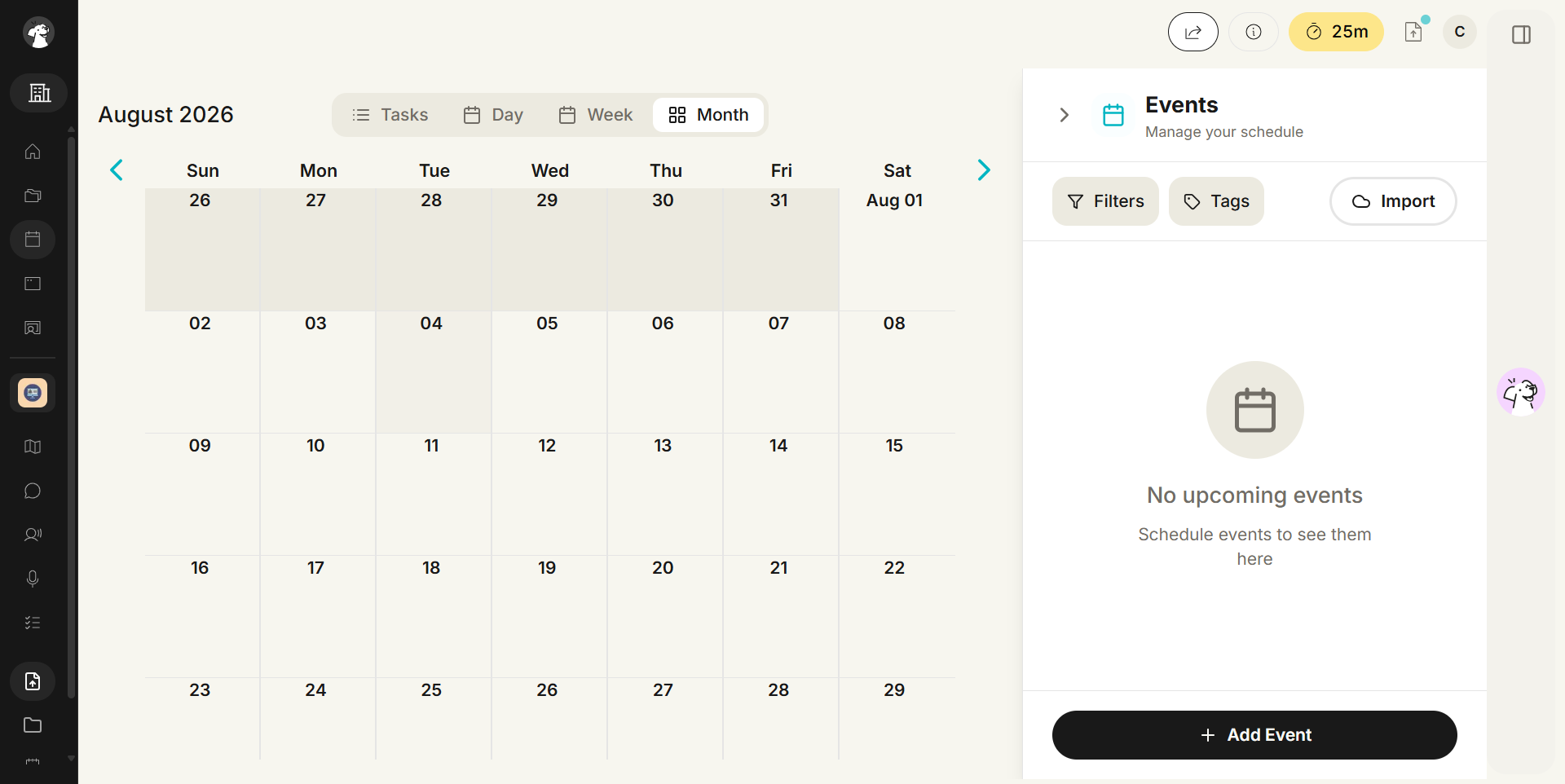 Calendar in Month view for August 2026, with Month selected in the Tasks, Day, Week and Month switcher. The grid runs from Sun 26 July through the end of the month, with arrows either side of the weekday headings. The Events sidebar at the right, subtitled Manage your schedule, holds Filters, Tags and Import buttons, an empty state reading No upcoming events, Schedule events to see them here, and a + Add Event button at the bottom.
