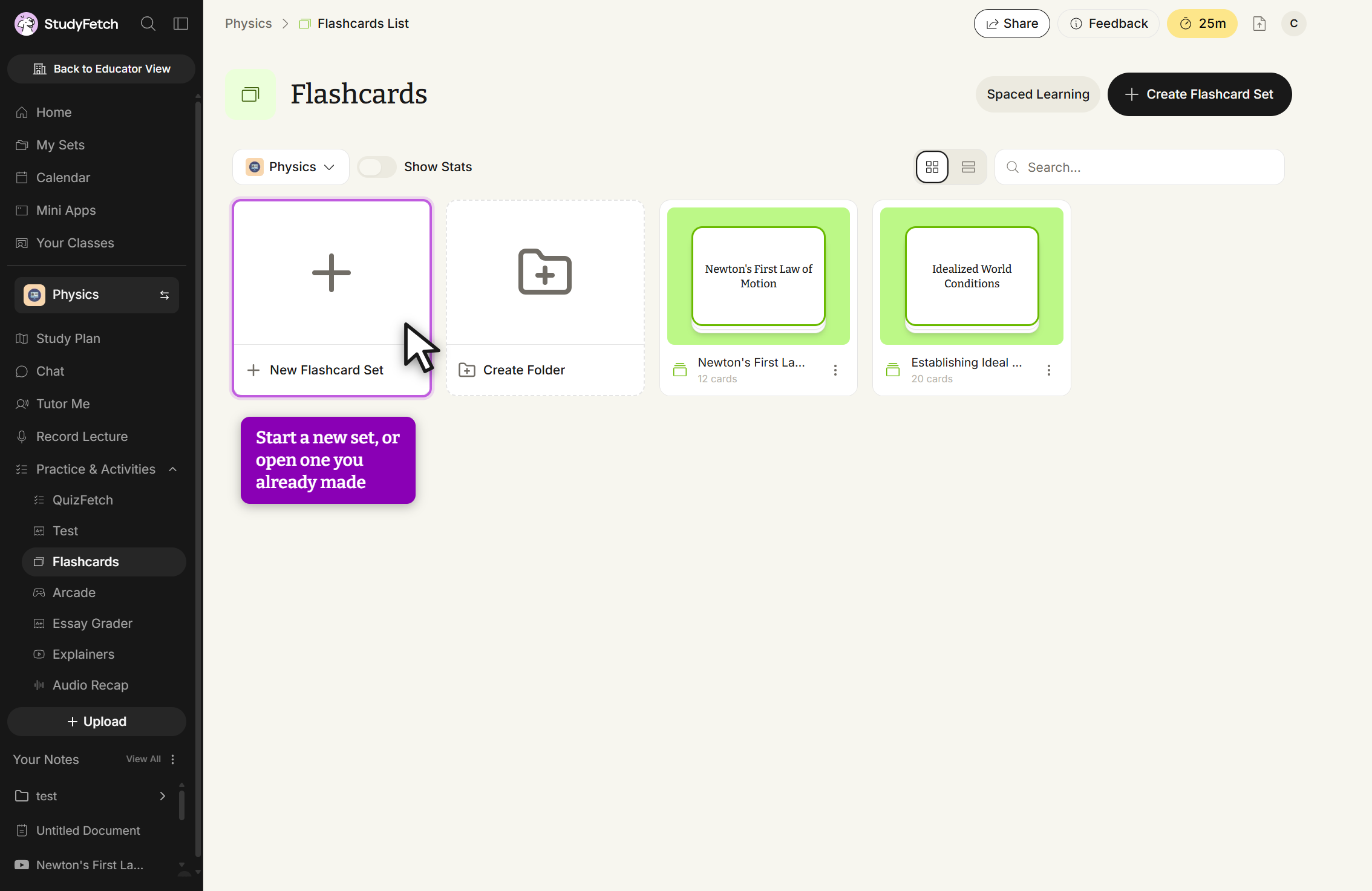 The Flashcards page. A New Flashcard Set tile and a Create Folder tile sit beside the saved flashcard set cards, each card showing its name and its card count. A Create Flashcard Set button and a Spaced Learning button are at the top right, and the sidebar shows Flashcards selected under Practice & Activities.