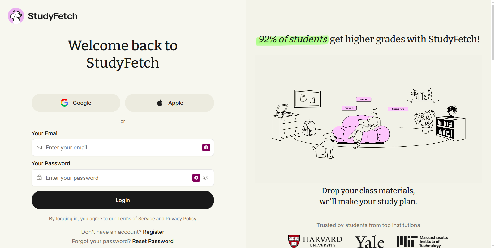 The StudyFetch login page, with Google and Apple sign-in buttons, email and password fields, a login button, and a password reset link.
