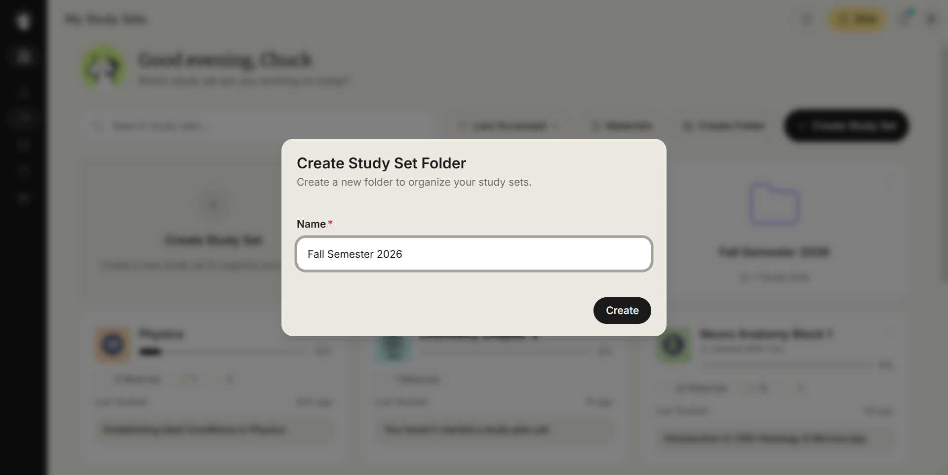 Create Study Set Folder modal, subtitled Create a new folder to organize your study sets. The required Name field contains Fall Semester 2026, and a Create button sits at the bottom right. The My Study Sets page is dimmed behind it.