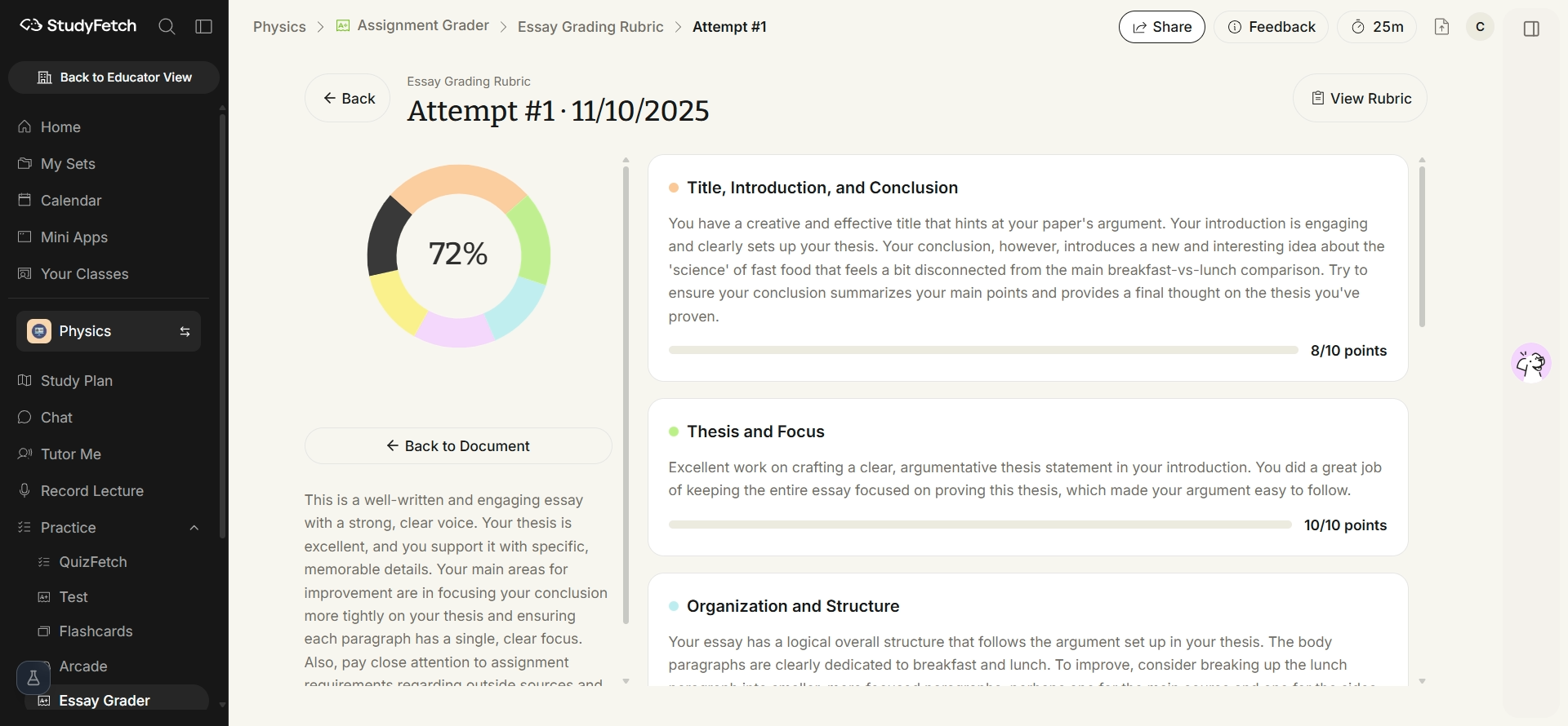 The results page with Show Details expanded, showing a written explanation and point total per rubric category, alongside an overall summary.