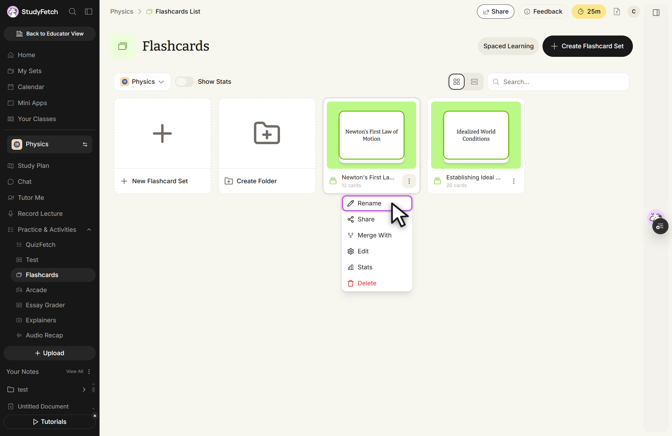The Flashcards page with the three dot menu open on a saved flashcard set card. The menu lists Rename under the cursor, Share, Merge With, Edit, Stats and Delete. The page also shows the New Flashcard Set and Create Folder tiles and the other saved set cards.