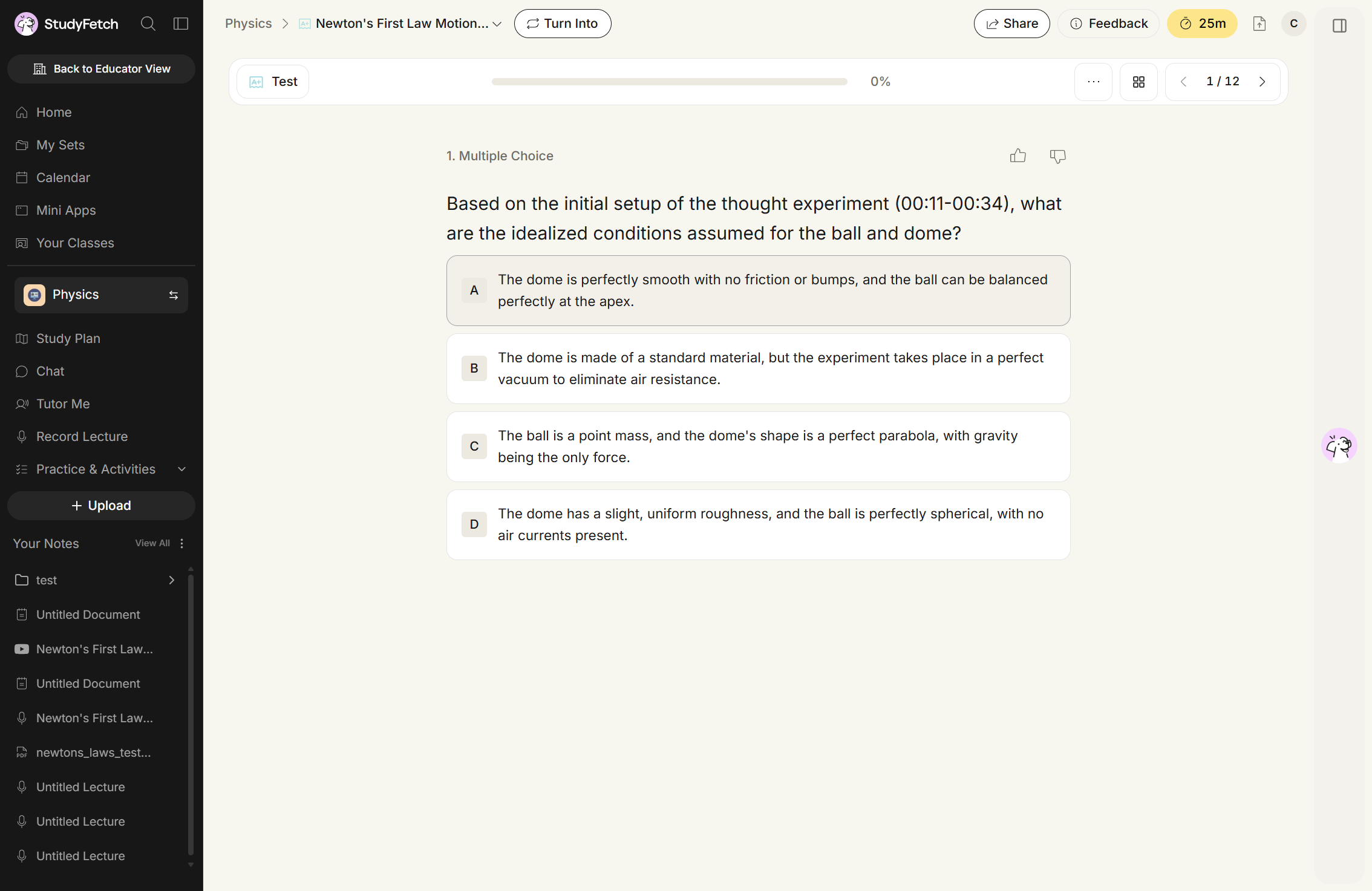 The Test view for Newton's First Law Motion showing question 1 / 12, a Multiple Choice question about the thought experiment at 00:11-00:34, with four lettered options A to D. The toolbar above holds a progress bar at 0%, a three-dot menu, a grid button, and previous and next arrows.