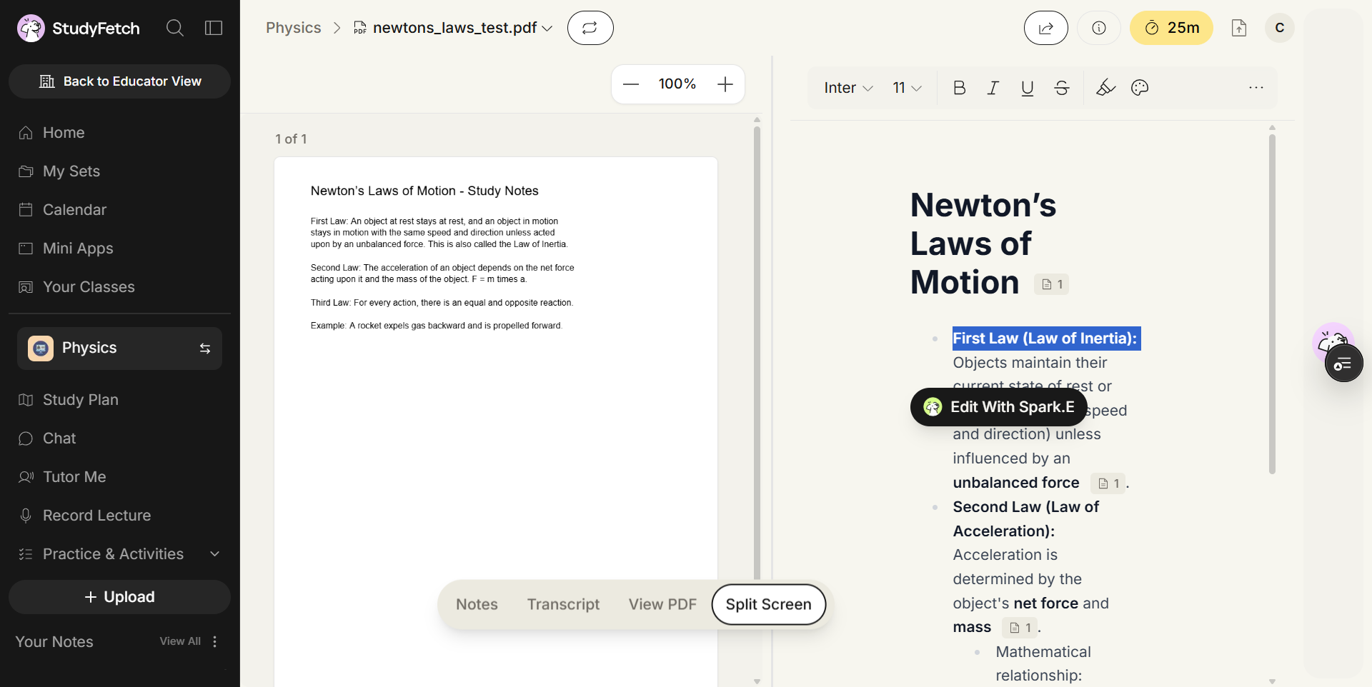 The notes pane in Split Screen with the text First Law (Law of Inertia): selected and highlighted in blue. A dark Edit With Spark.E button sits just below the selection. The source PDF newtons_laws_test.pdf is open on the left at 100% zoom, page 1 of 1, and the view switcher at the bottom shows Notes, Transcript, View PDF and Split Screen, with Split Screen selected.