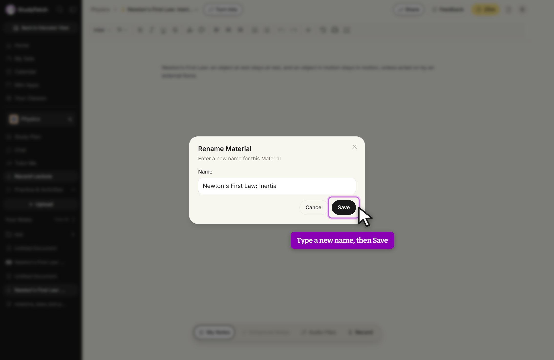 The Rename Material modal, reading Enter a new name for this Material. A Name field holds the session's current name, with Cancel and Save buttons below it and a close X at the top right. Save is outlined with the cursor over it.