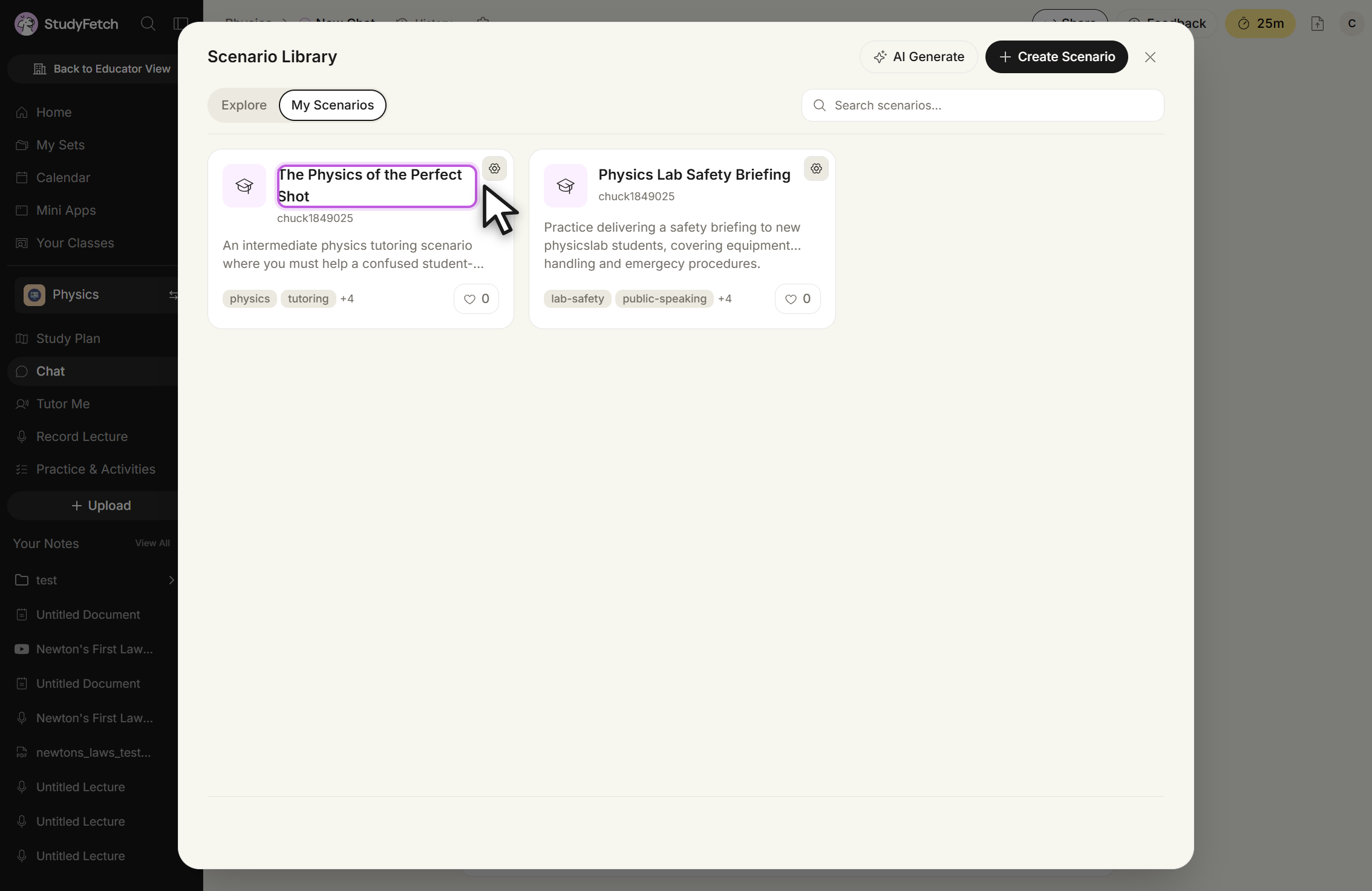 Scenario Library modal on the My Scenarios tab, with AI Generate and + Create Scenario at the top right and a Search scenarios... field. Two cards by chuck1849025 are listed: The Physics of the Perfect Shot, tagged physics and tutoring with 0 likes, its title outlined and the cursor on the gear button beside it, and Physics Lab Safety Briefing, tagged lab-safety and public-speaking with 0 likes.
