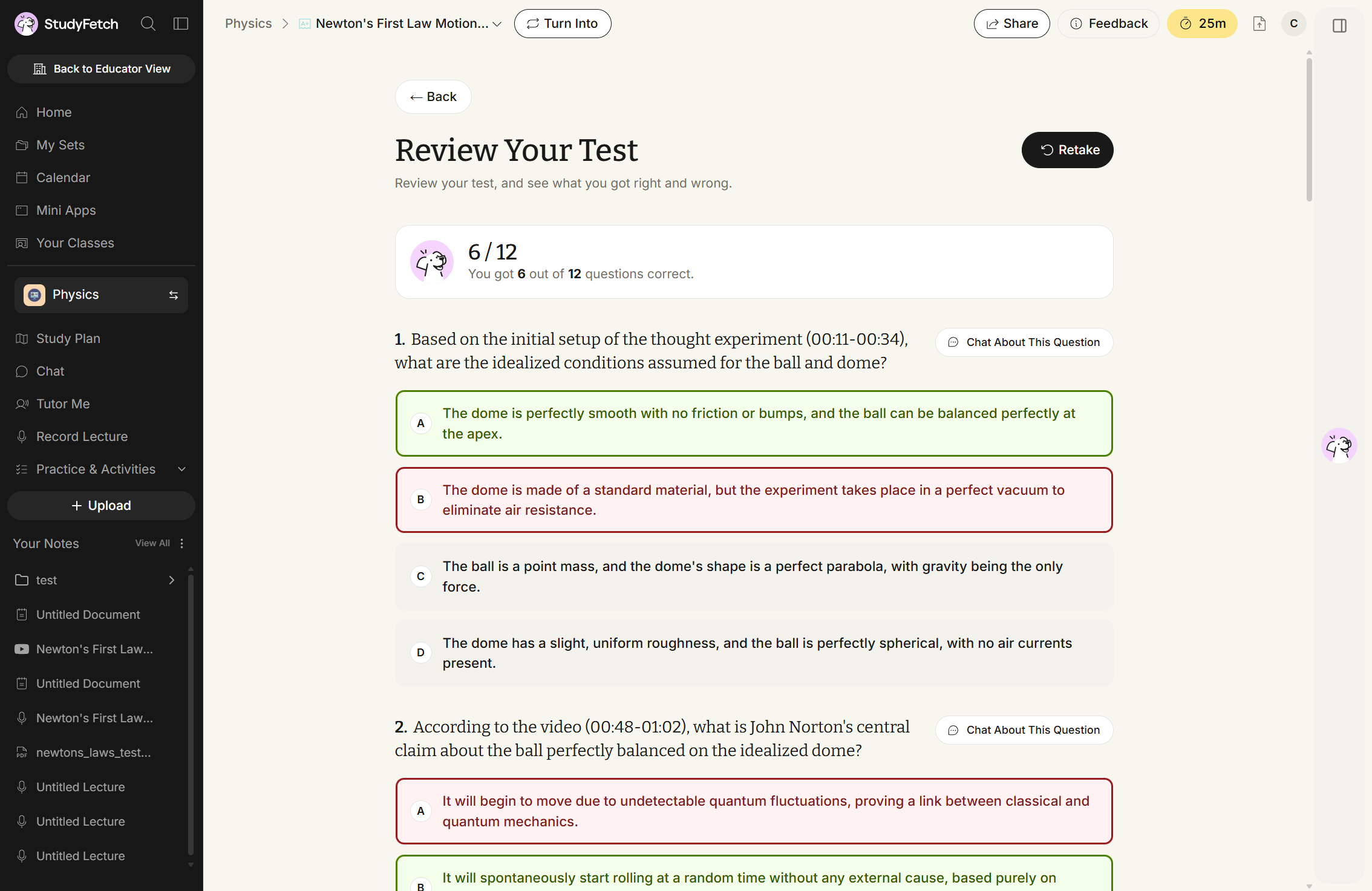 The Review Your Test page, subtitled Review your test, and see what you got right and wrong, with a Back button above and a Retake button at the top right. A card reads 6 / 12, You got 6 out of 12 questions correct. On question 1, option A is outlined in green and option B in red, while C and D stay plain. Each question carries a Chat About This Question button.