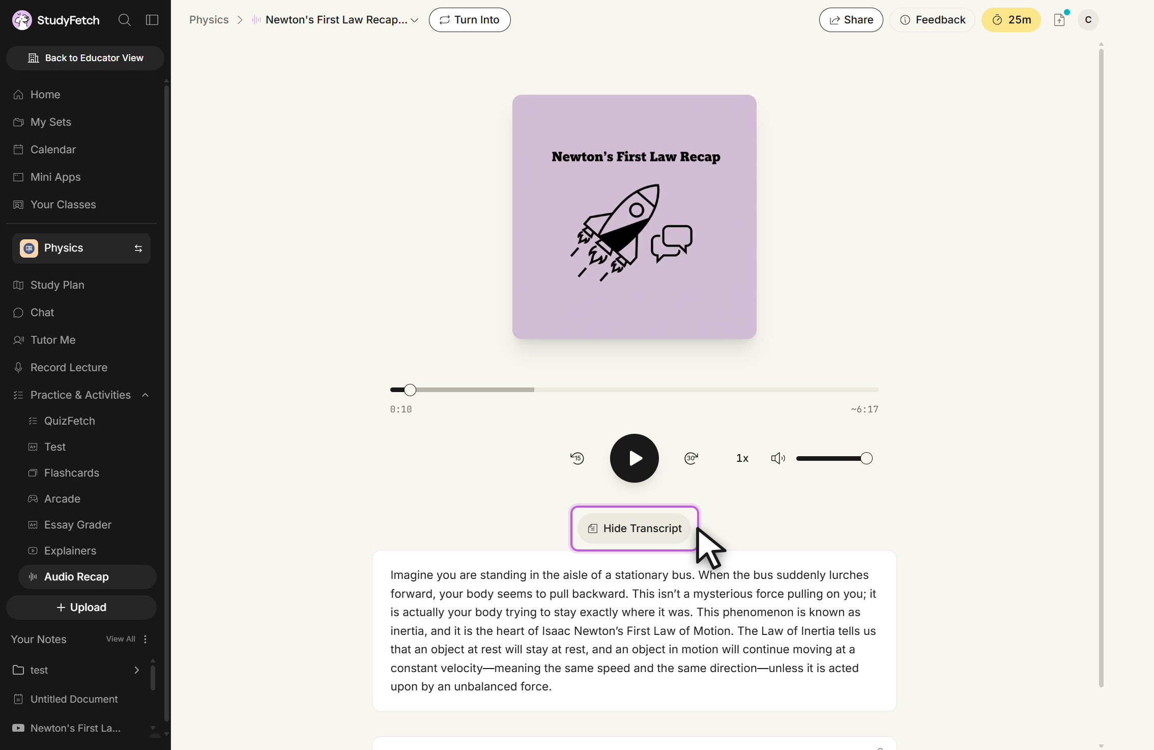The Audio Recap player, paused, with the transcript open. Below the playback controls a button labeled Hide Transcript is highlighted with the cursor over it, and under it a panel holds the scrolling transcript text for the recap.