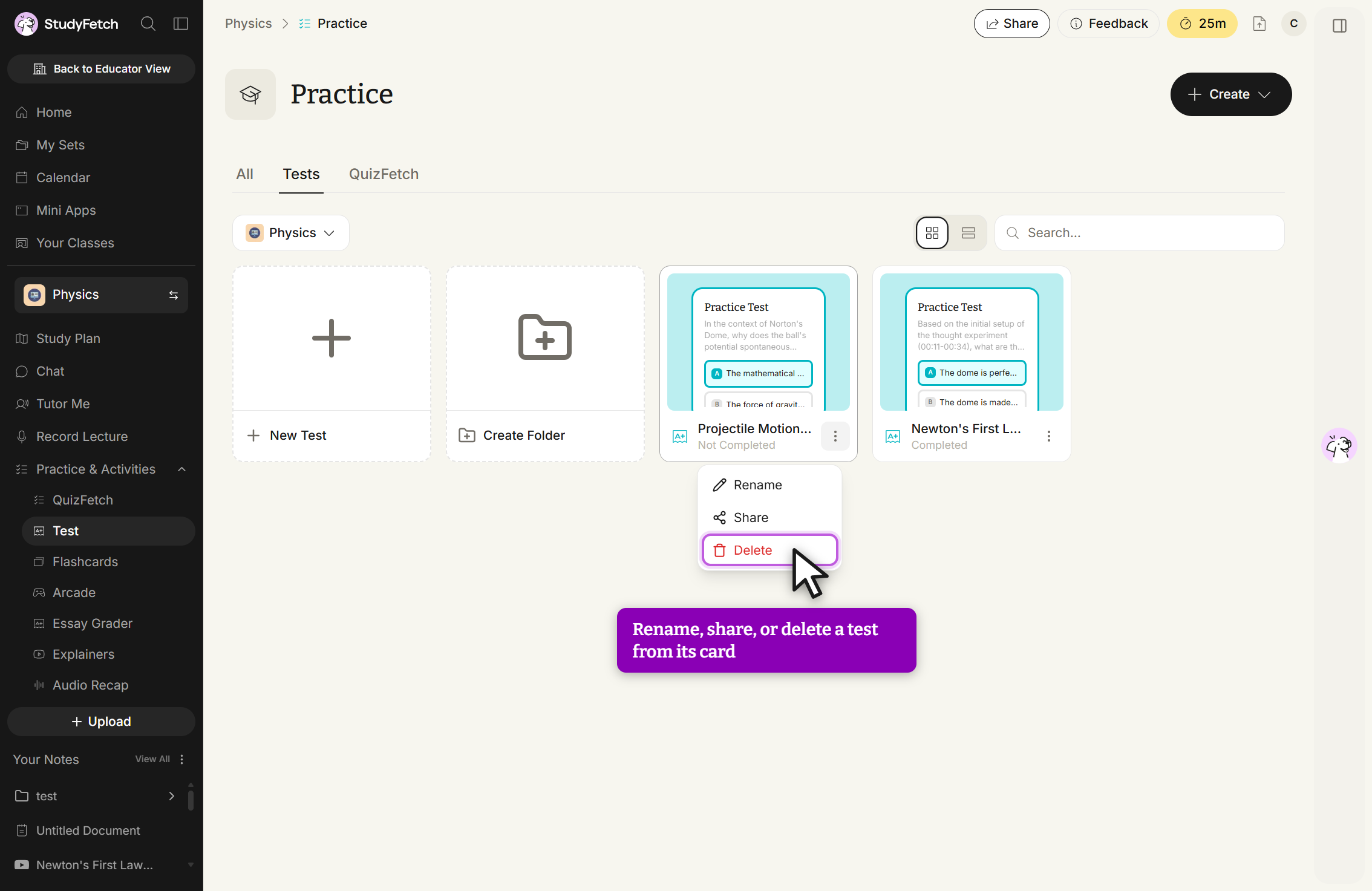 The Practice page with the Tests tab selected. The card for Projectile Motion, marked Not Completed, has its three-dot menu open, listing Rename, Share, and Delete, with Delete in red and outlined and the cursor on it. In the left sidebar, Practice & Activities is expanded with Test selected.