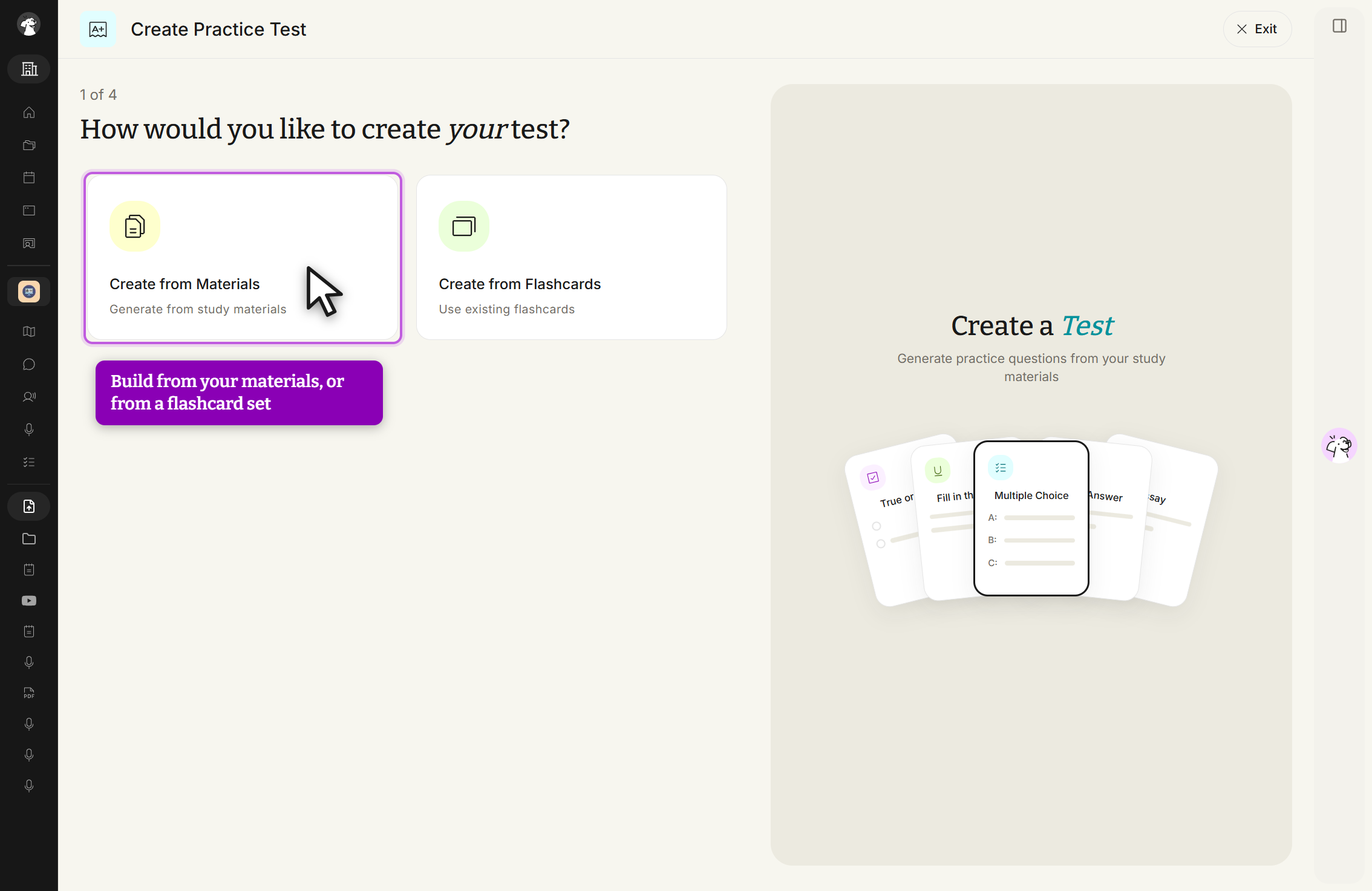 The Create Practice Test screen labeled 1 of 4, headed How would you like to create your test? Two cards are offered: Create from Materials, Generate from study materials, and Create from Flashcards, Use existing flashcards. An Exit button sits in the top right.