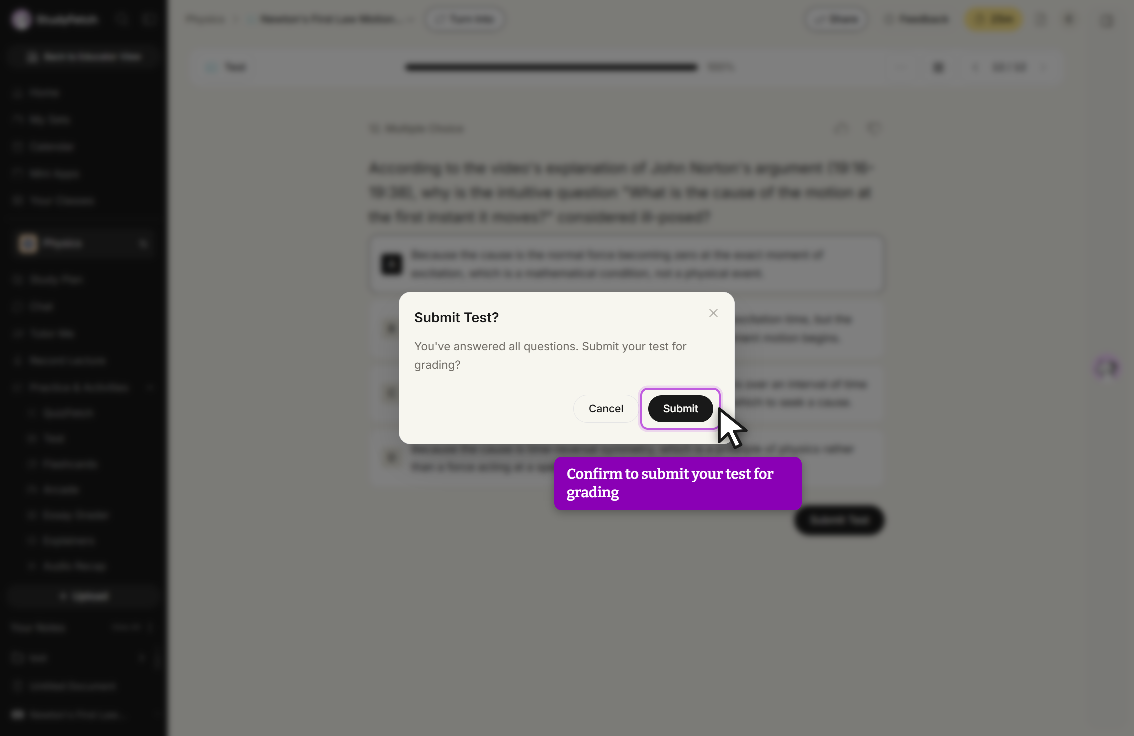 A dialog titled Submit Test? over the dimmed test, reading You've answered all questions. Submit your test for grading? It carries a Cancel button and a Submit button, with the cursor on Submit, and a close X in the top corner. The Submit Test button on the page behind it is dimmed.