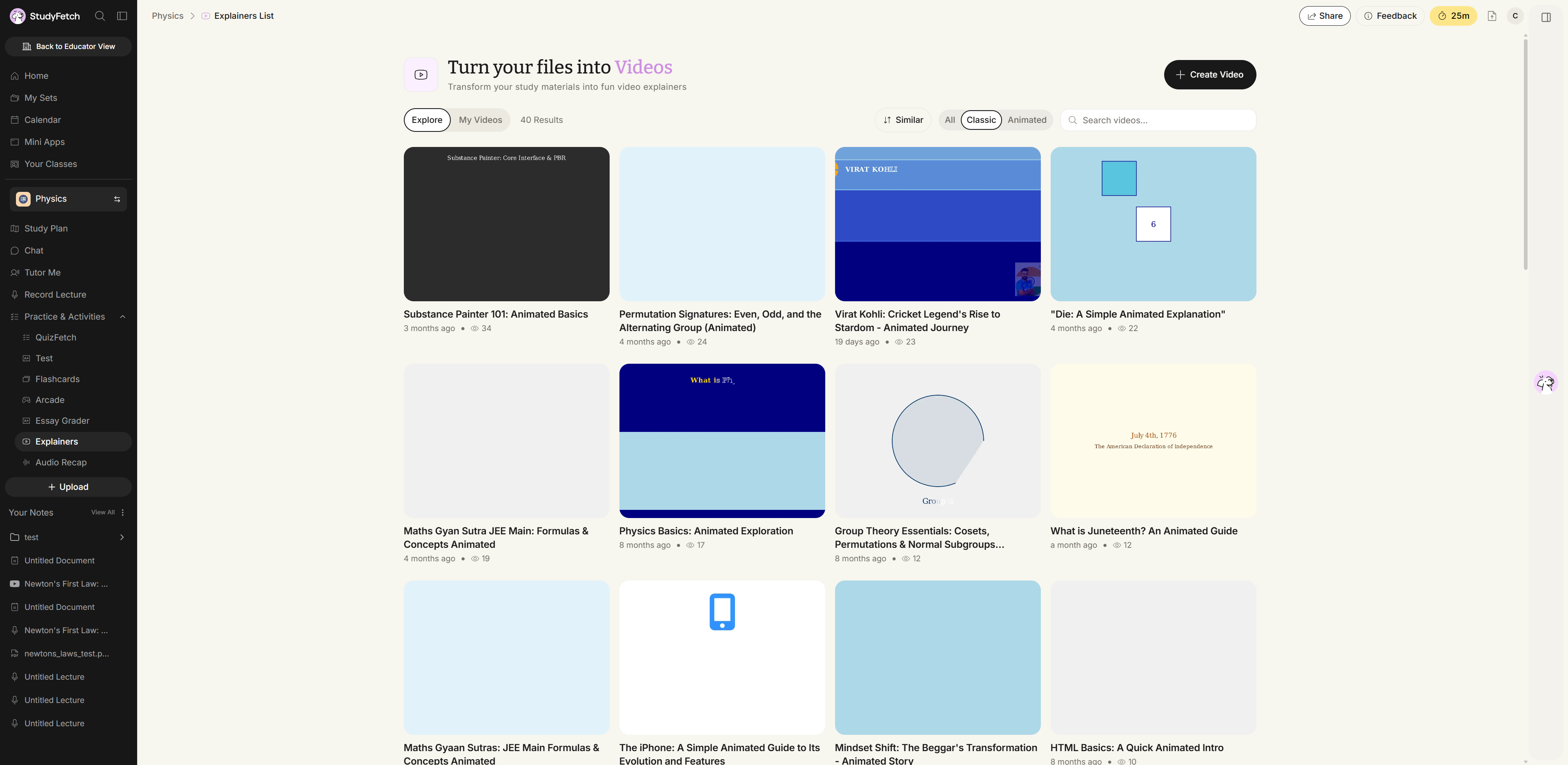 The Explainers List page on the Explore tab with the Classic filter selected among All, Classic, and Animated. The gallery below shows video cards, each with a thumbnail, a runtime, a title, an age, and a view count.