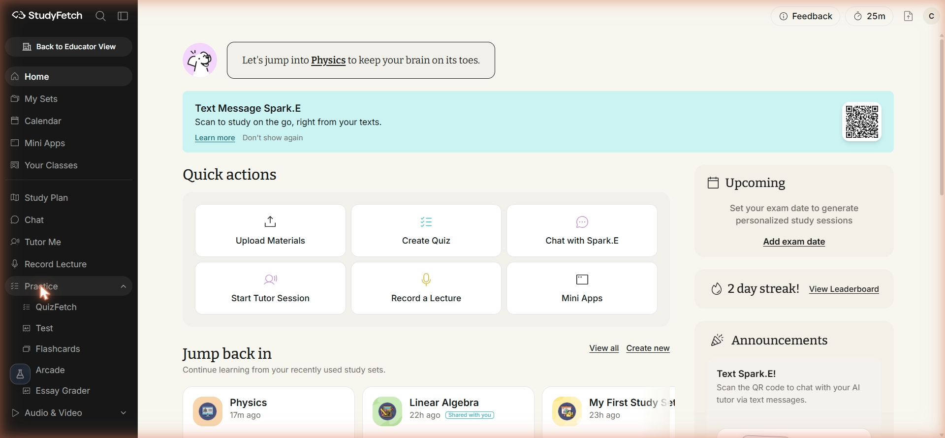 The StudyFetch Home dashboard with the Practice menu expanded in the left sidebar, showing the Essay Grader option.