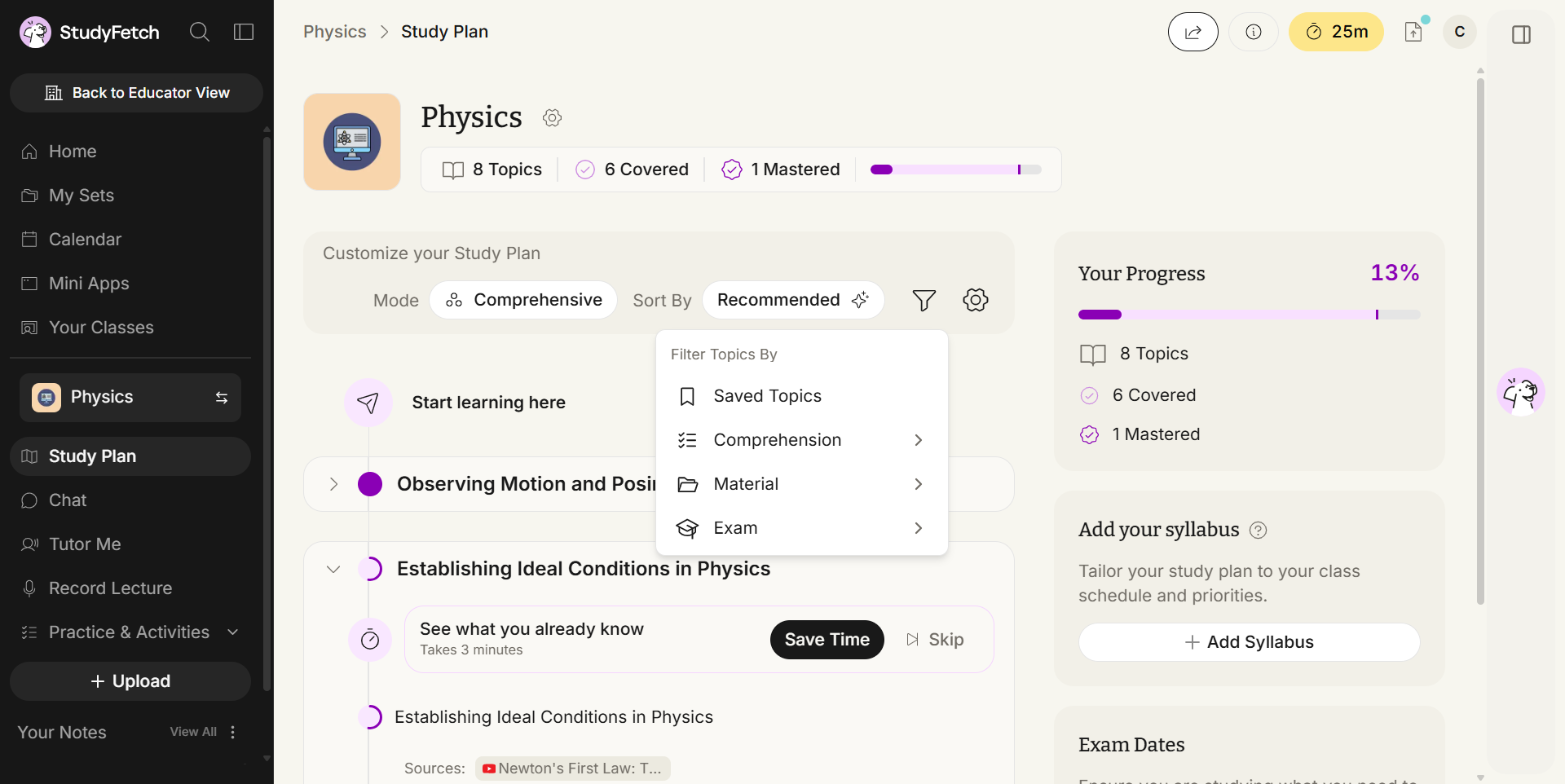 The Study Plan for Physics with the Filter Topics By menu open under the filter button in the Customize your Study Plan bar. The menu lists four entries: Saved Topics, and Comprehension, Material and Exam, each with an arrow to a submenu.