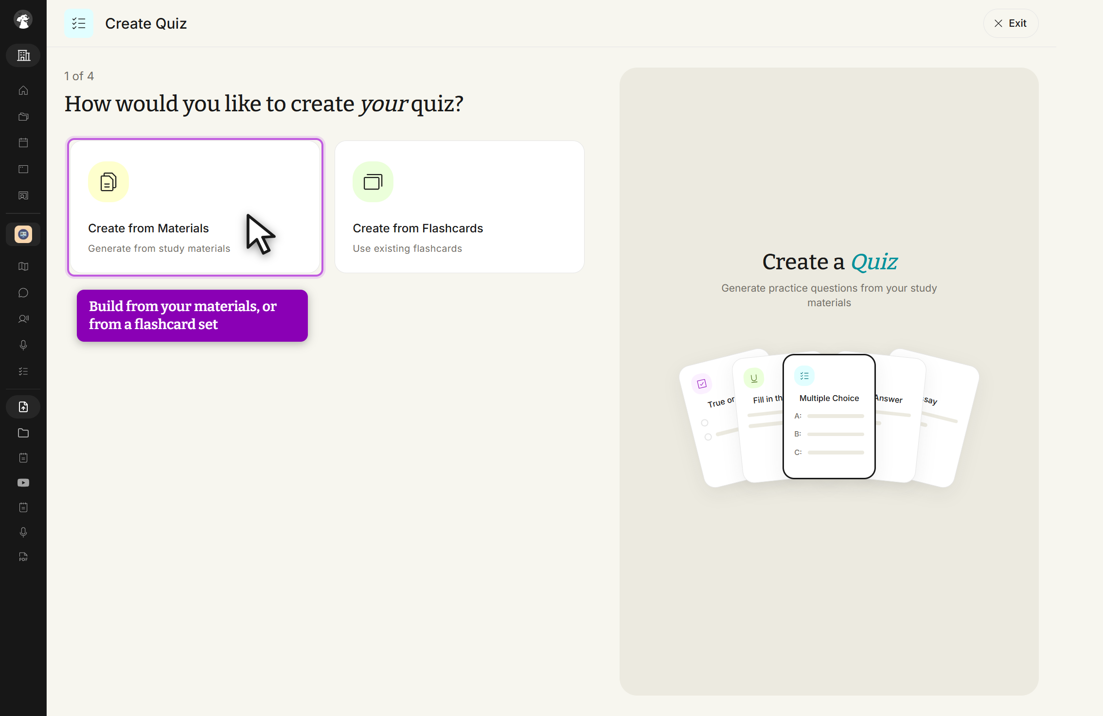 The Create Quiz screen at step 1 of 4, headed How would you like to create your quiz? Two option cards are shown: Create from Materials, Generate from study materials, which is outlined with the cursor on it, and Create from Flashcards, Use existing flashcards. An Exit button sits at the top right, and a Create a Quiz preview panel is on the right.