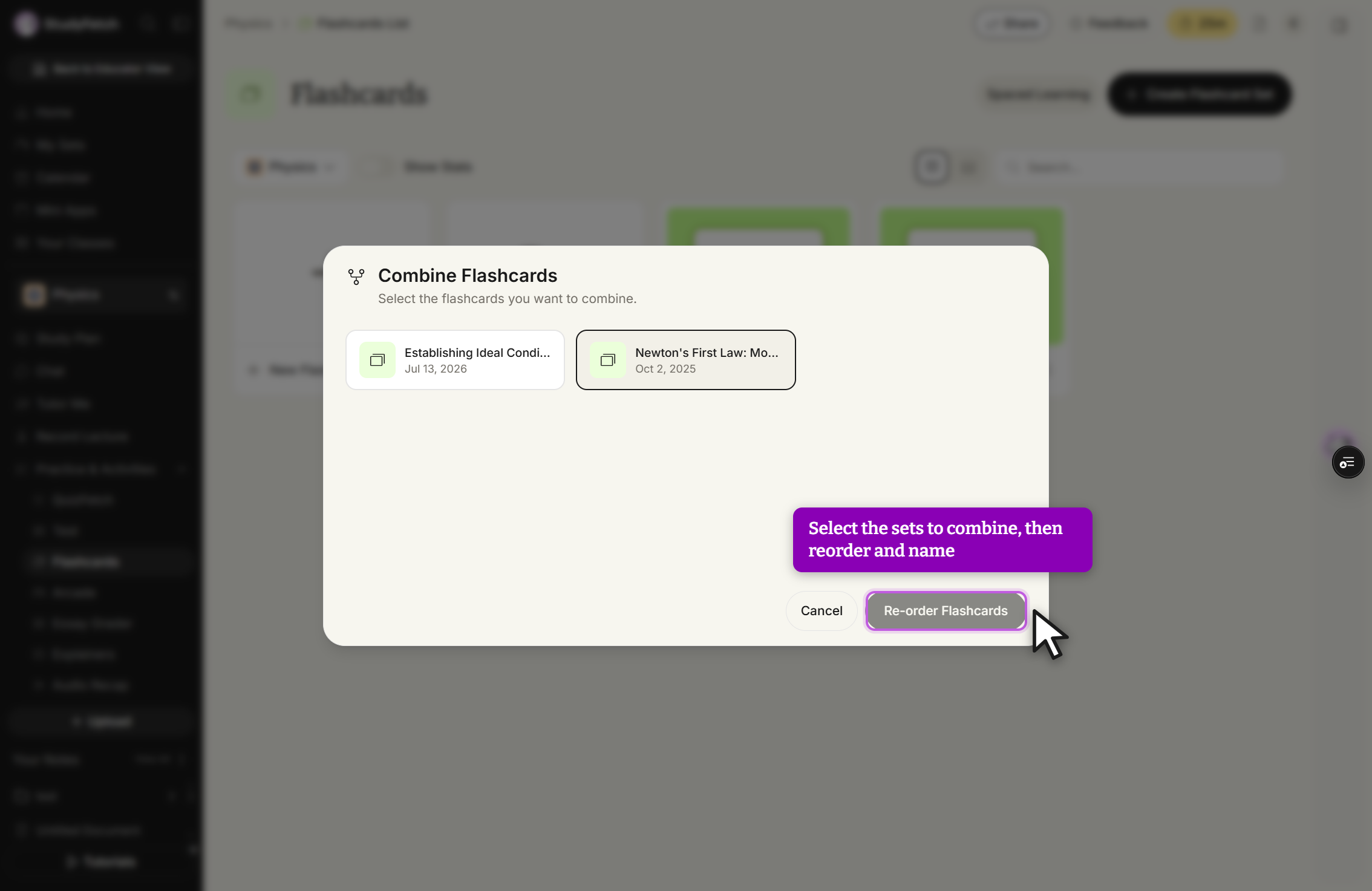 The Combine Flashcards modal, subtitled Select the flashcards you want to combine. Each of your flashcard sets is listed as a tile showing its name and the date it was created, and a selected tile is highlighted. Cancel and Re-order Flashcards buttons sit at the bottom right, with the cursor on Re-order Flashcards.