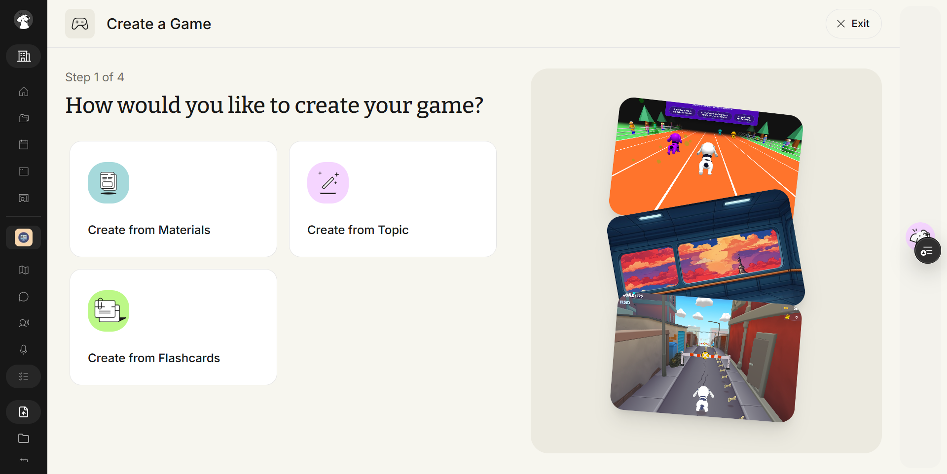 Create a Game modal at Step 1 of 4, headed How would you like to create your game? Three option cards are shown: Create from Materials, Create from Topic and Create from Flashcards. An Exit button sits at the top right.