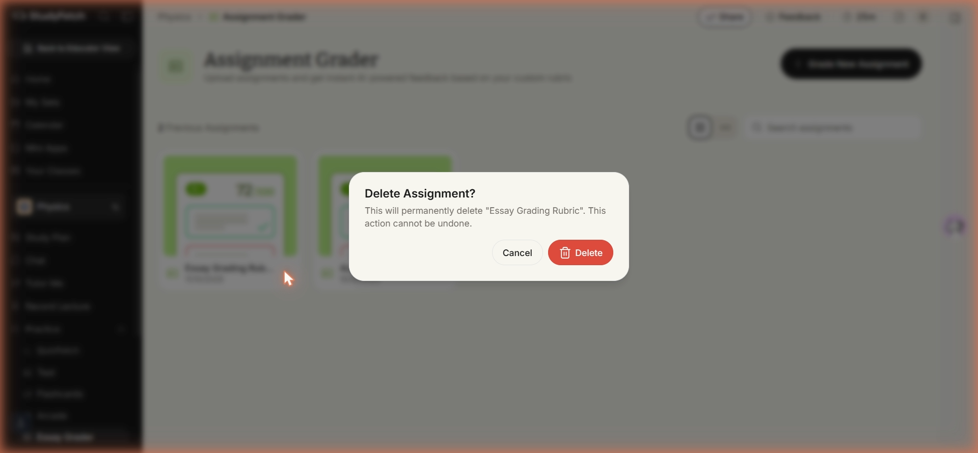 The Delete Assignment confirmation dialog naming the assignment, with a Cancel button and a red Delete button.