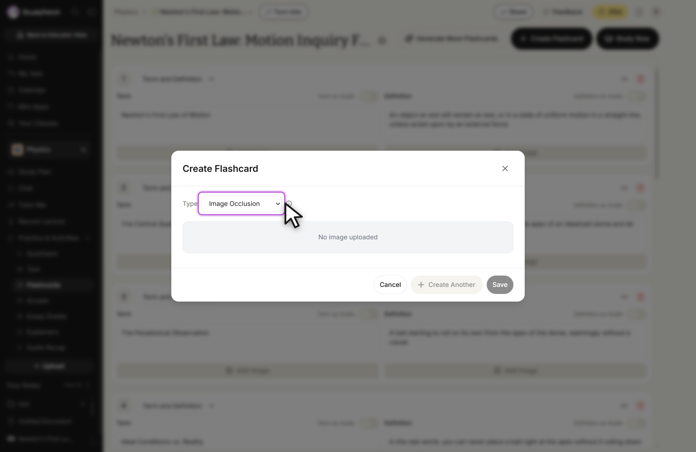The Create Flashcard modal with Type set to Image Occlusion. Below the Type dropdown a grey panel reads No image uploaded, and Cancel, Create Another and Save buttons sit at the bottom.
