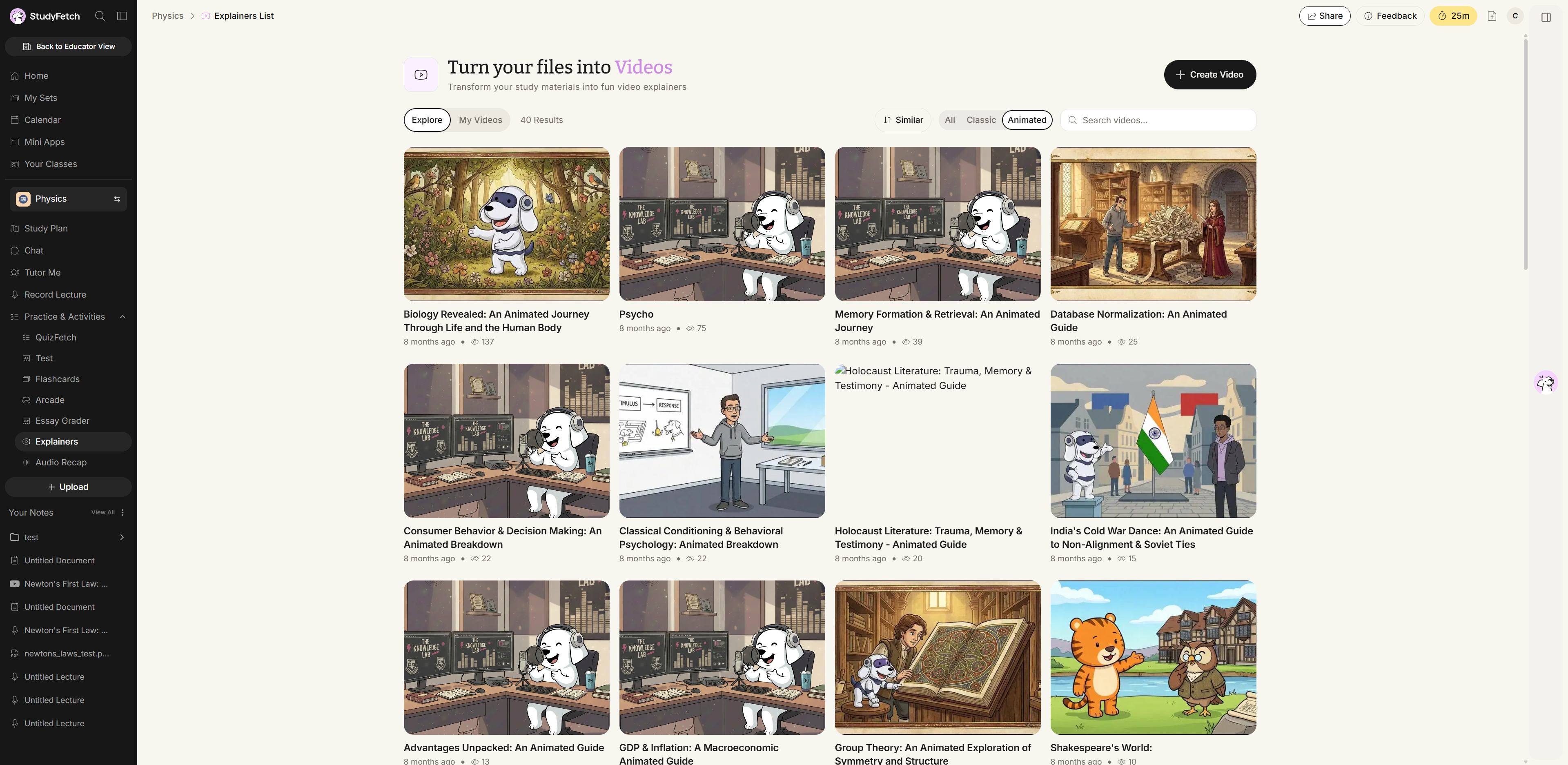 The Explainers List page, headed Turn your files into Videos, on the Explore tab with a result count beside it. Next to the Explore and My Videos tabs are a Similar sort control and the All, Classic, and Animated filters, with Animated selected. A Search videos... field sits to their right and a Create Video button is in the top right. The gallery below shows video cards, each with a thumbnail, a title, an age, and a view count.