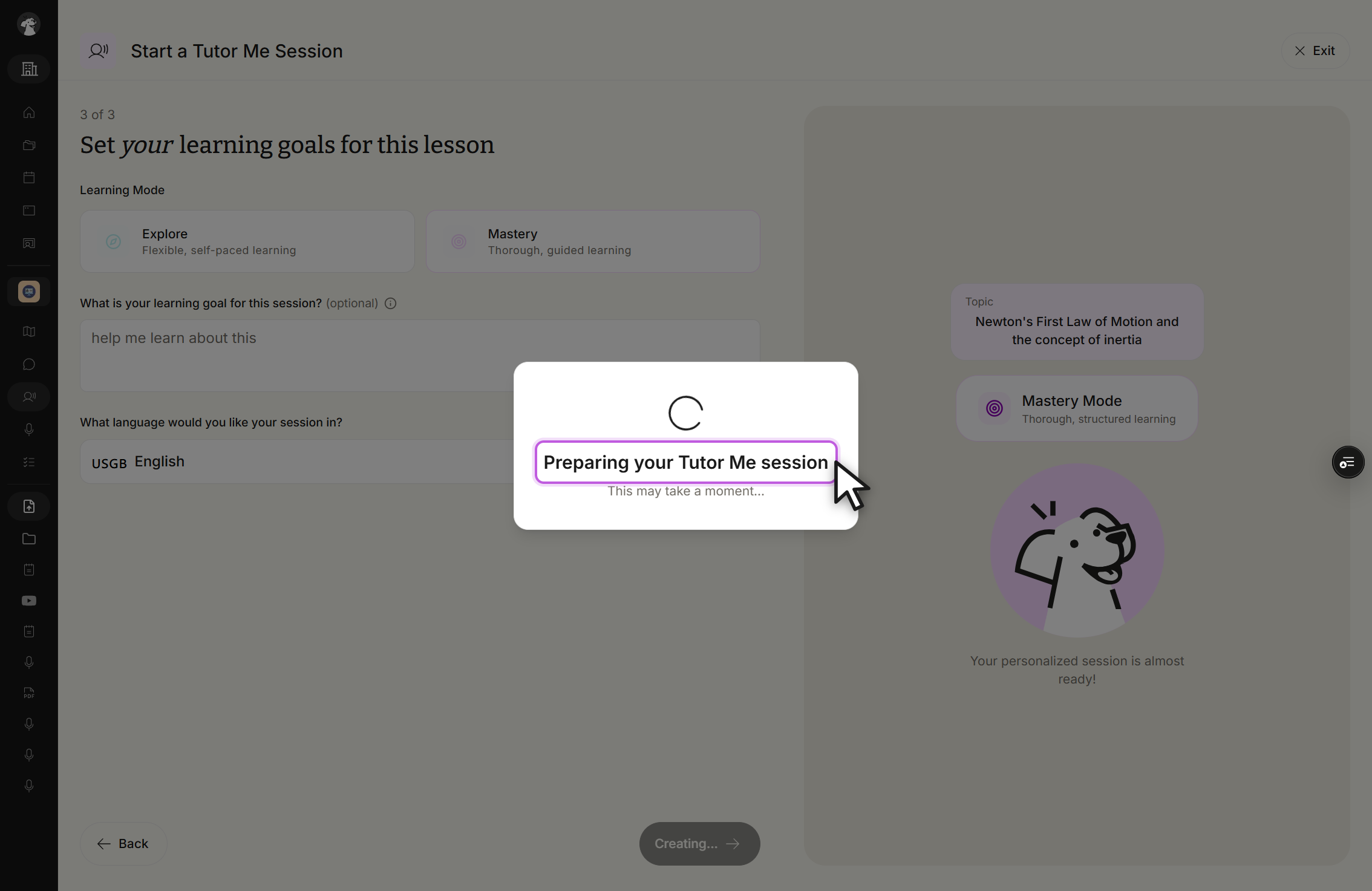 The Set your learning goals for this lesson screen, step 3 of 3, dimmed behind a centered dialog. The dialog shows a spinner, the heading Preparing your Tutor Me session, and the line This may take a moment... The button behind the dialog now reads Creating... instead of Create Session.