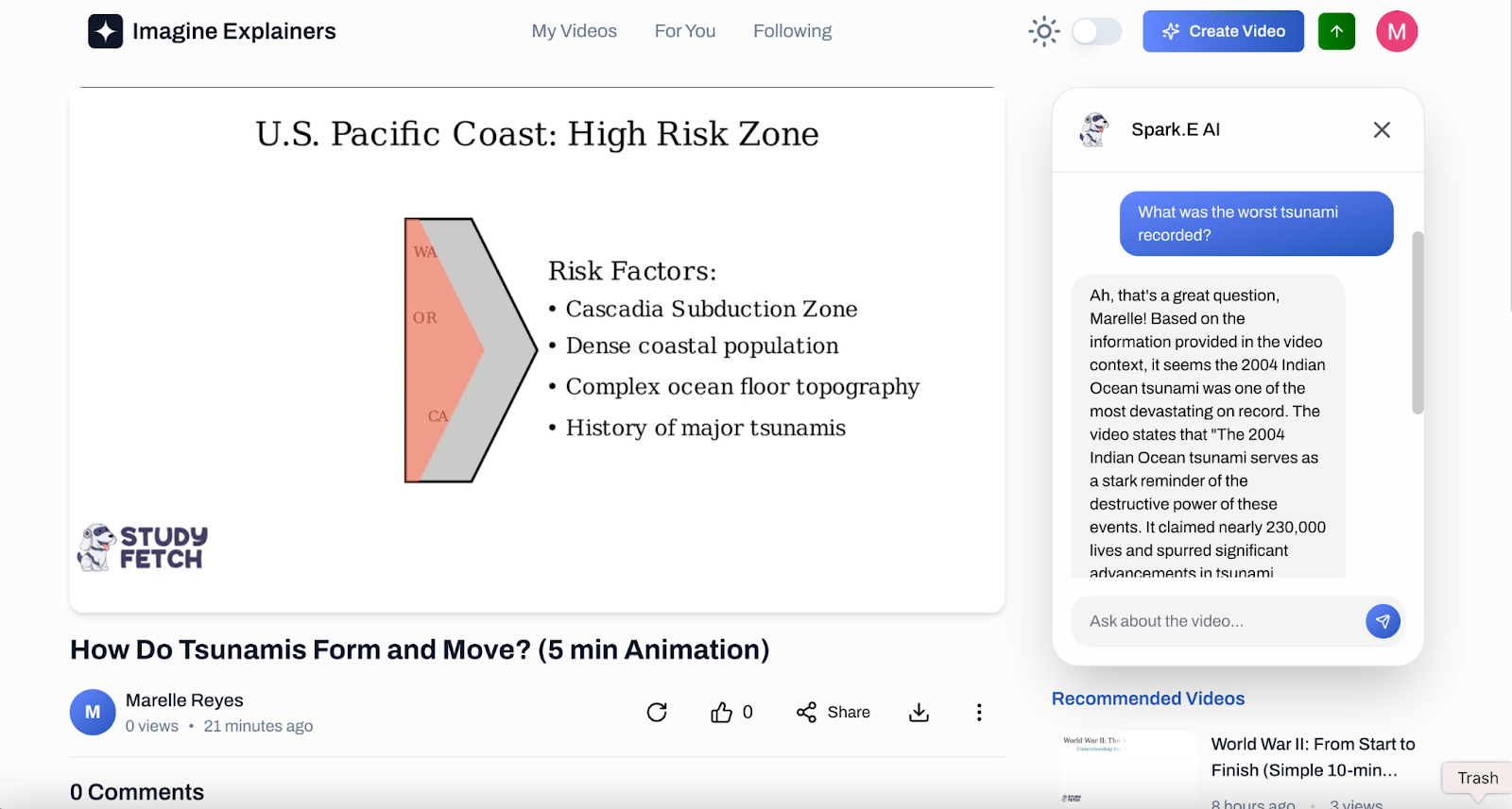 The page for How Do Tsunamis Form and Move? (5 min Animation), showing a slide titled U.S. Pacific Coast: High Risk Zone with the risk factors Cascadia Subduction Zone, Dense coastal population, Complex ocean floor topography and History of major tsunamis. In the Spark.E AI panel at the right the learner has sent What was the worst tsunami recorded? and the reply describes the 2004 Indian Ocean tsunami, which claimed nearly 230,000 lives. An Ask about the video... box sits at the bottom of the panel.