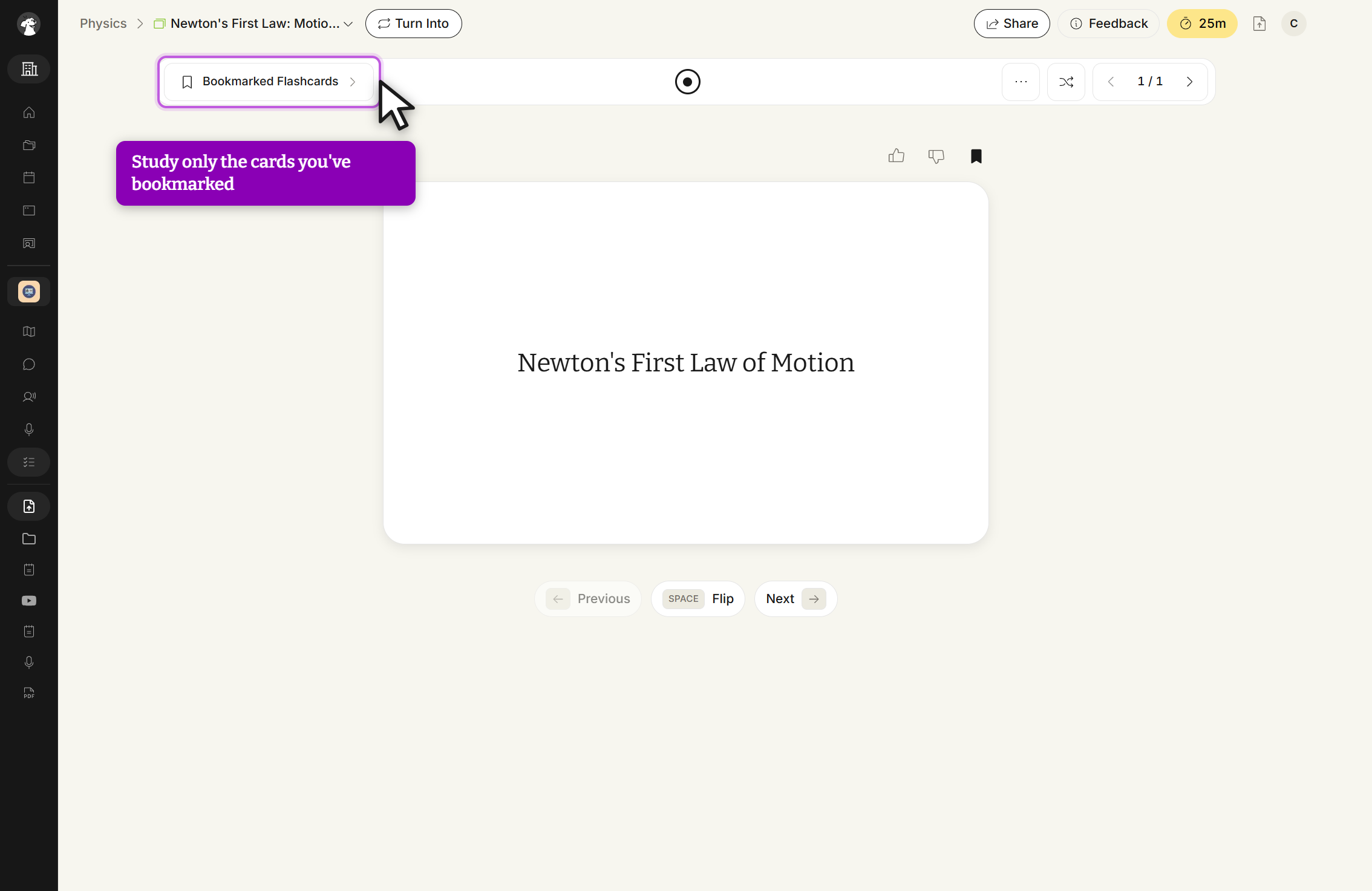 The flashcard study screen with the mode selector at the top left set to Bookmarked Flashcards. The toolbar shows a progress dot for each bookmarked card and a card position counter. The card front is labelled Term, with thumbs up, thumbs down and a filled bookmark icon above it and Previous, SPACE Flip and Next buttons below.