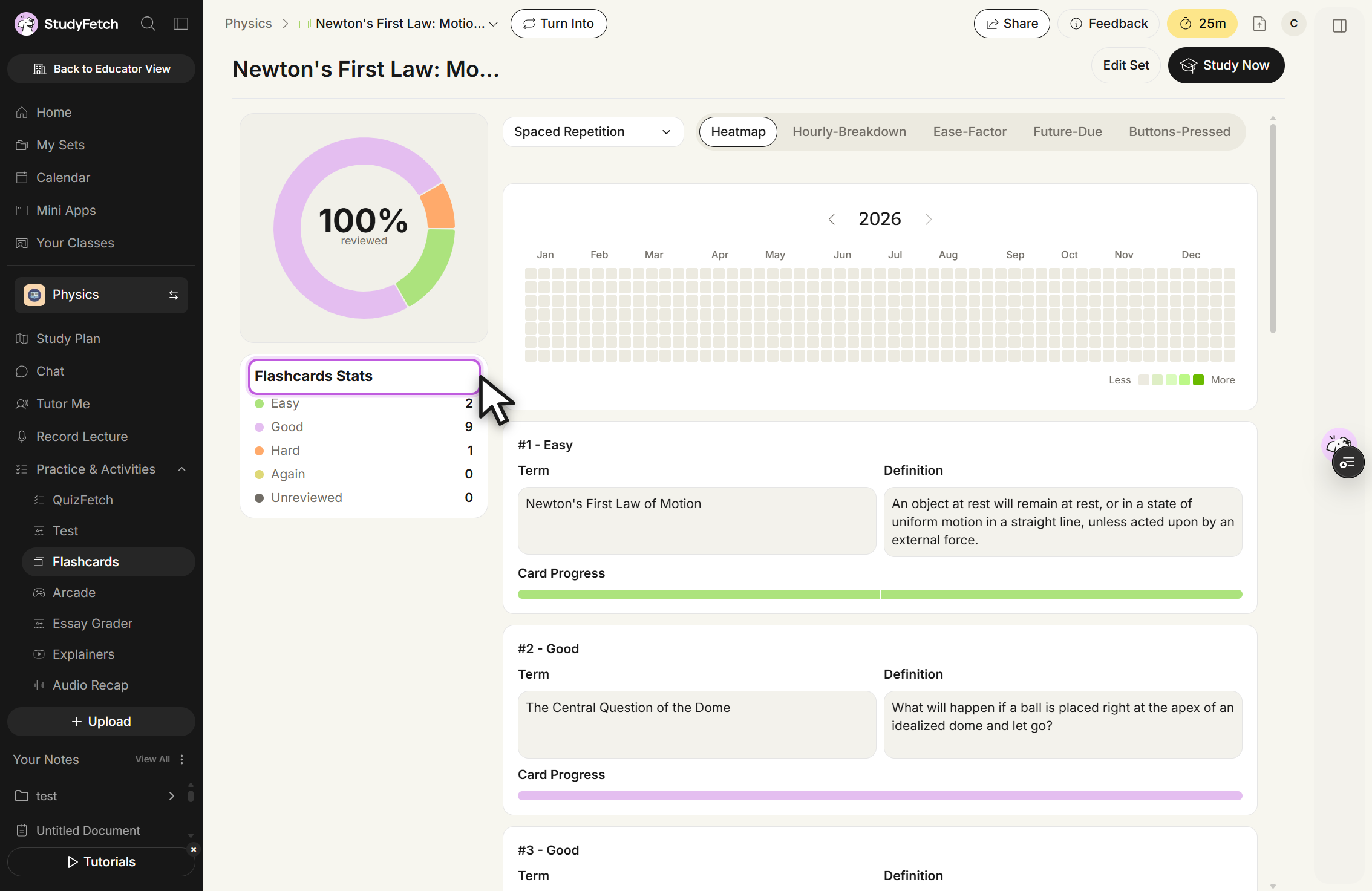 The flashcard set statistics page, with Edit Set and Study Now buttons at the top right. A progress ring sits on the left above a Flashcards Stats panel with an Easy, Good, Hard, Again and Unreviewed row. On the right a Spaced Repetition selector sits beside the Heatmap, Hourly-Breakdown, Ease-Factor, Future-Due and Buttons-Pressed tabs, with the Heatmap tab open on a yearly calendar grid scaled from Less to More. Per card entries below show each card's rating, Term, Definition and Card Progress bar.