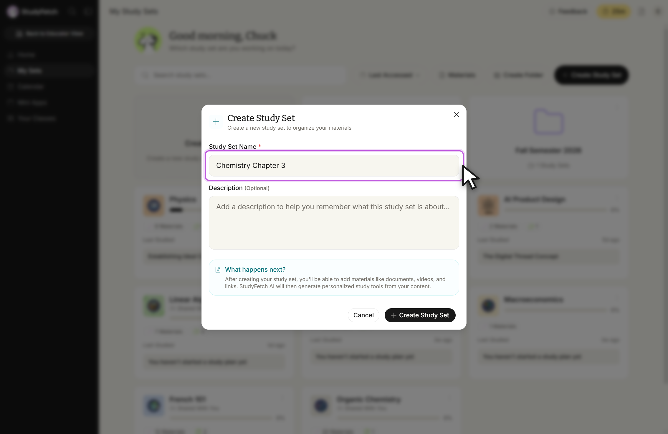 The Create Study Set modal open over the My Study Sets page. It has a required Study Set Name field, a Description (Optional) box, a "What happens next?" information panel, and Cancel and Create Study Set buttons at the bottom.