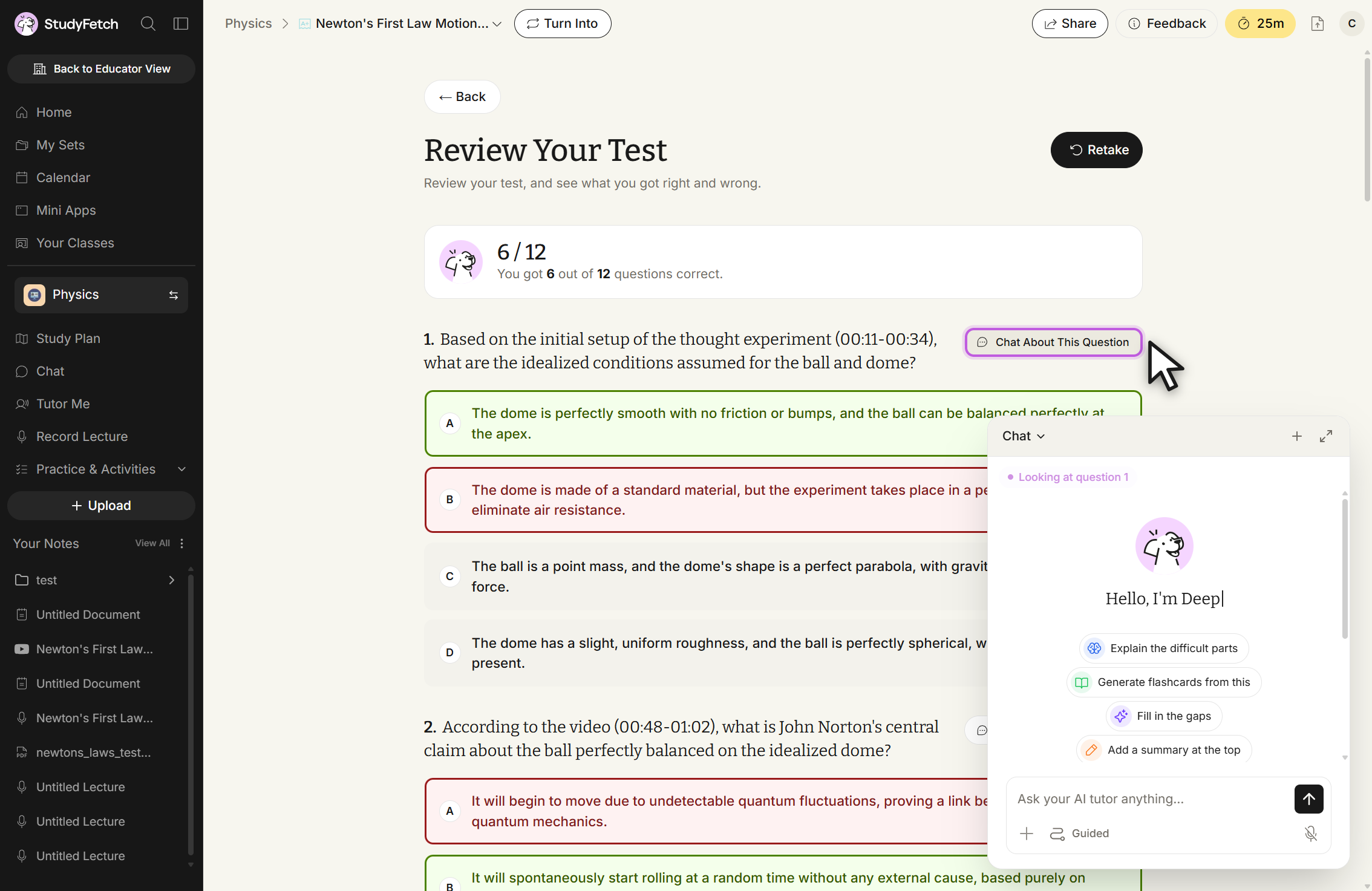 The Review Your Test page with the Chat panel open at the lower right. The panel header reads Chat and a status line reads Looking at question 1. It offers four suggested prompts: Explain the difficult parts, Generate flashcards from this, Fill in the gaps, and Add a summary at the top, above a field reading Ask your AI tutor anything... The Chat About This Question button on question 1 is outlined with the cursor beside it.