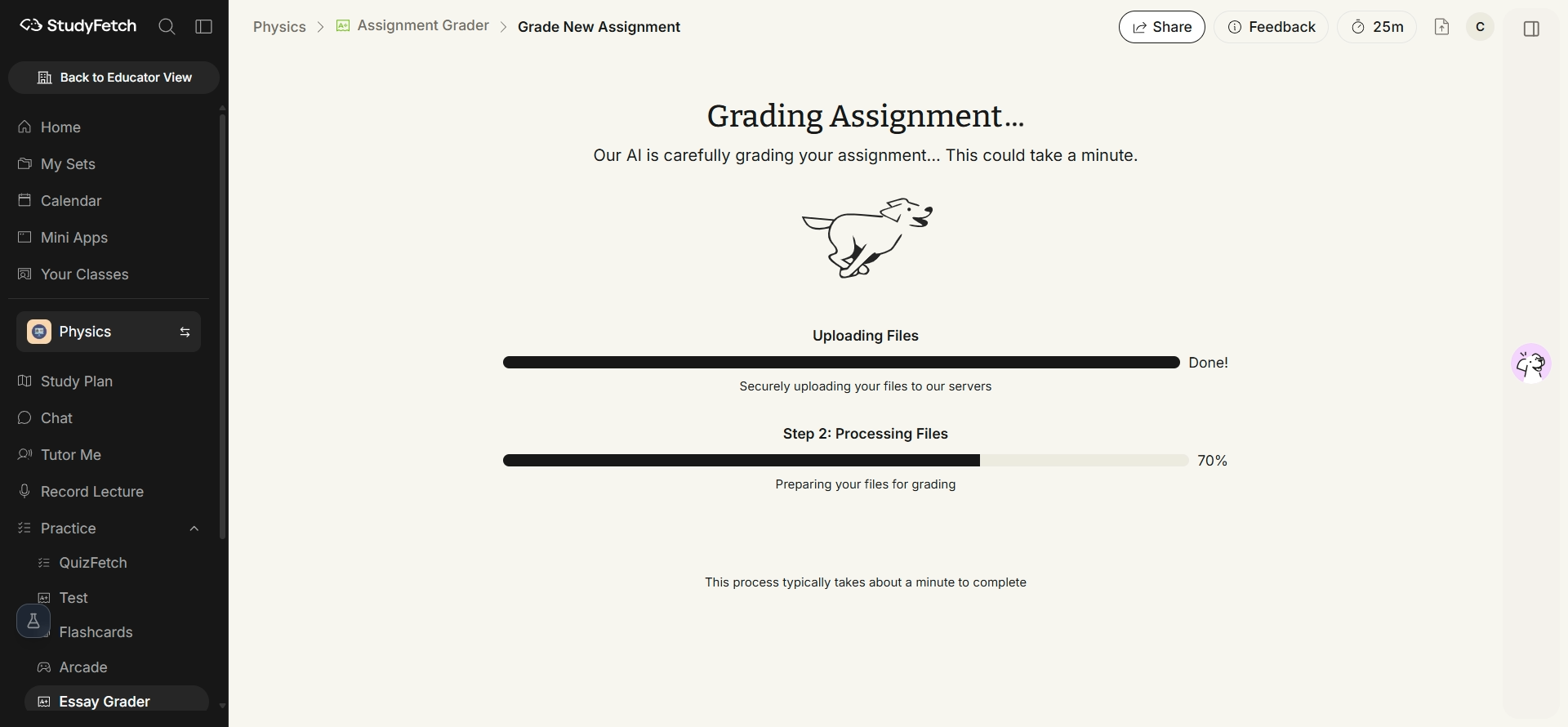 The Grading Assignment progress screen. A list of grading stages runs down the screen, with Step 1: Uploading Files marked Done and Step 2: Processing Files in progress with a progress bar.