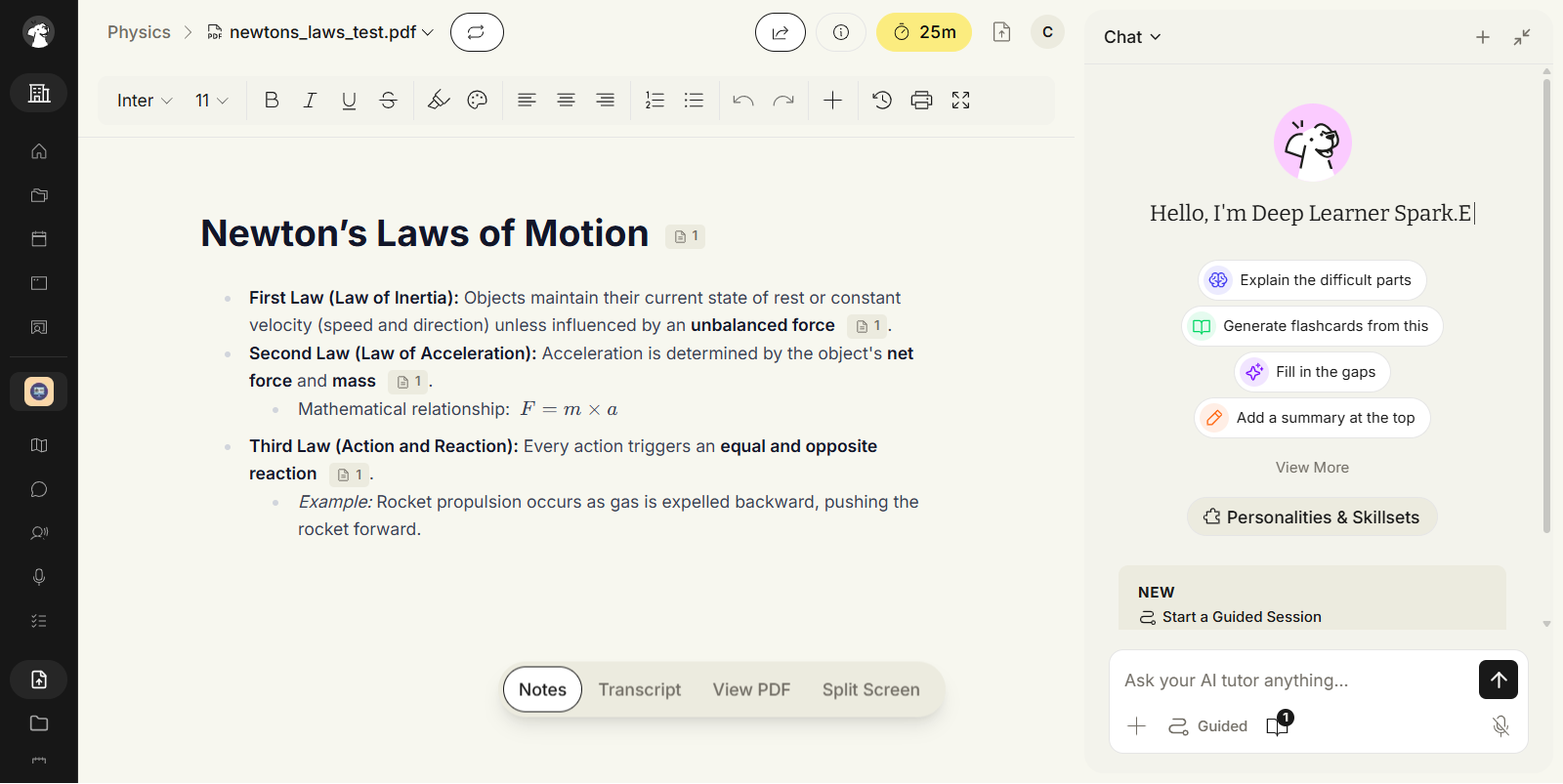 The Notes view for a study material, with the notes toolbar containing the print icon above the document and the Sparky chat panel alongside.