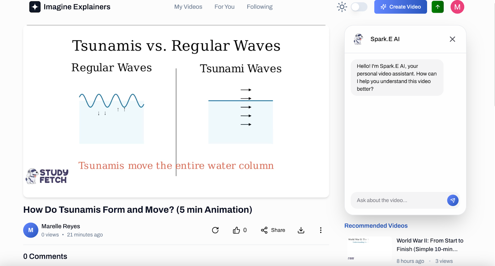 The generated video How Do Tsunamis Form and Move? (5 min Animation) by Marelle Reyes, 0 views, playing a slide titled Tsunamis vs. Regular Waves. Below the video sit a regenerate button, a like button reading 0, Share, a download button and a three dot more options button. On the right the Spark.E AI panel reads: Hello! I'm Spark.E AI, your personal video assistant. How can I help you understand this video better? above an Ask about the video... box.