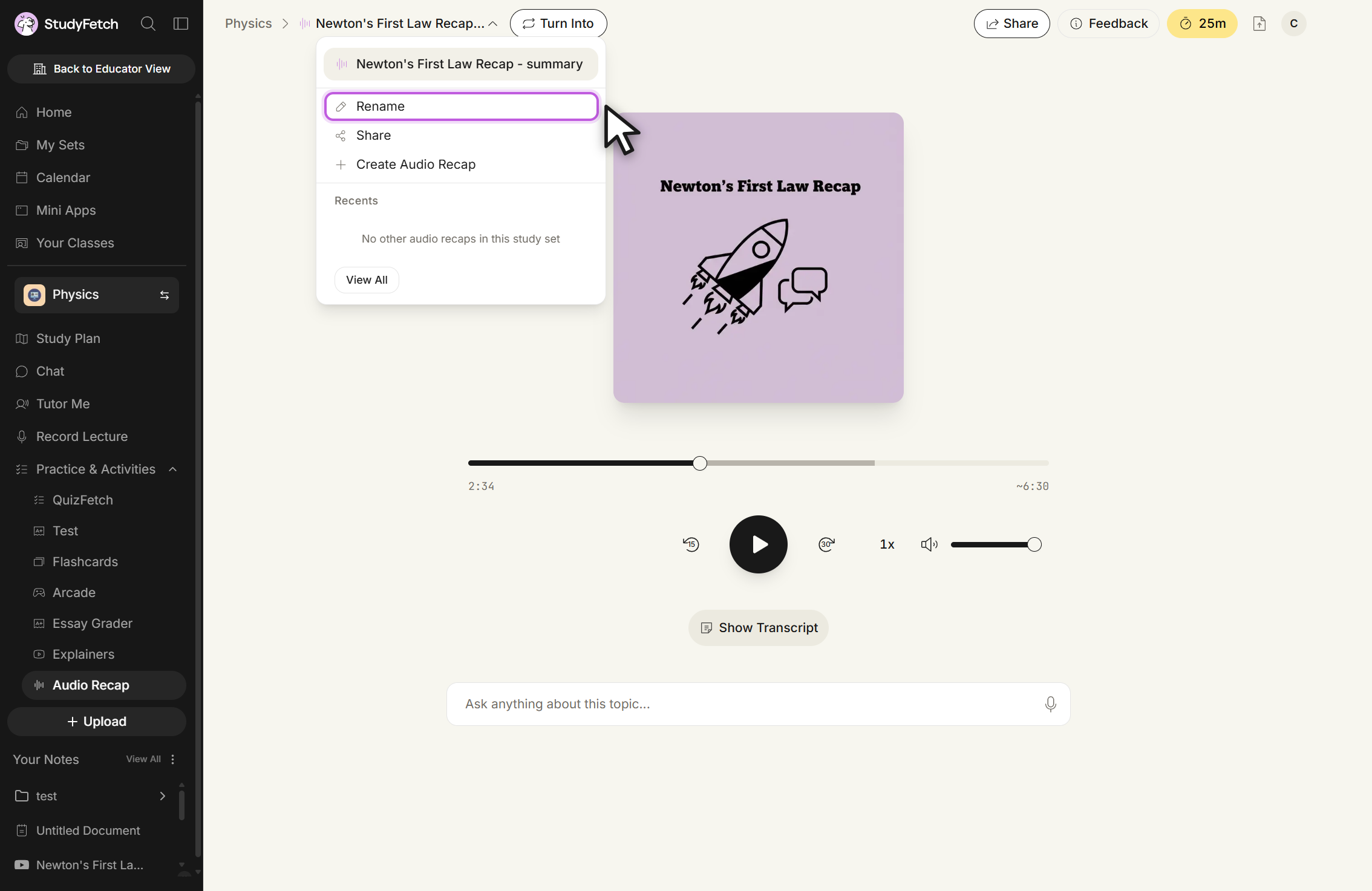 The Audio Recap player with the breadcrumb dropdown open. The menu is headed by the recap name and its recap type, and lists Rename, with the cursor over it, then Share and Create Audio Recap, followed by a Recents section listing other recaps in the study set and a View All button. A Turn Into button sits to the right of the breadcrumb.