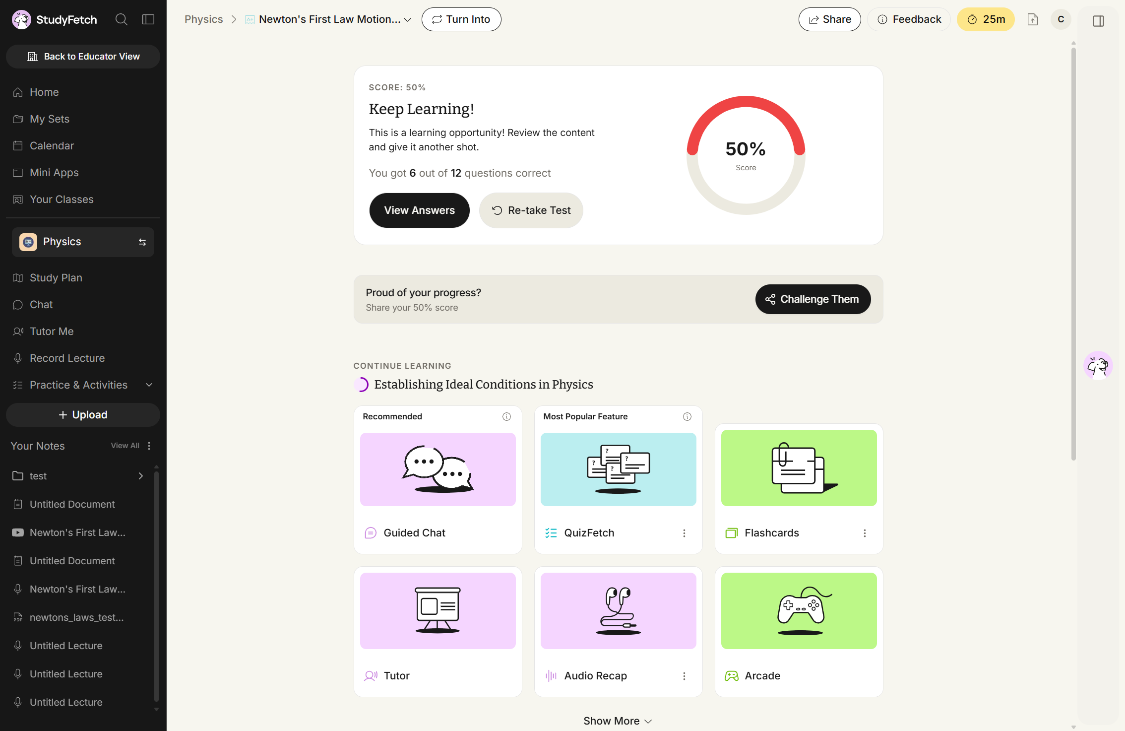 The graded results screen headed SCORE: 50% and Keep Learning!, reading You got 6 out of 12 questions correct, with a circular gauge showing 50% Score. Below sit a View Answers button and a Re-take Test button, a Proud of your progress? bar with a Challenge Them button, and a CONTINUE LEARNING section listing Guided Chat, QuizFetch, Flashcards, Tutor, Audio Recap, and Arcade.