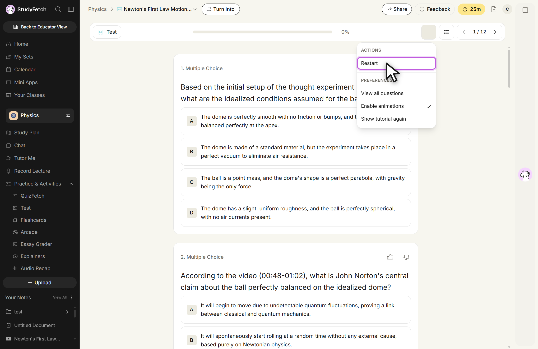 The Test view with the three-dot toolbar menu open. Under the ACTIONS heading sits Restart, outlined with the cursor on it. Under the PREFERENCES heading sit View all questions, Enable animations with a checkmark, and Show tutorial again.