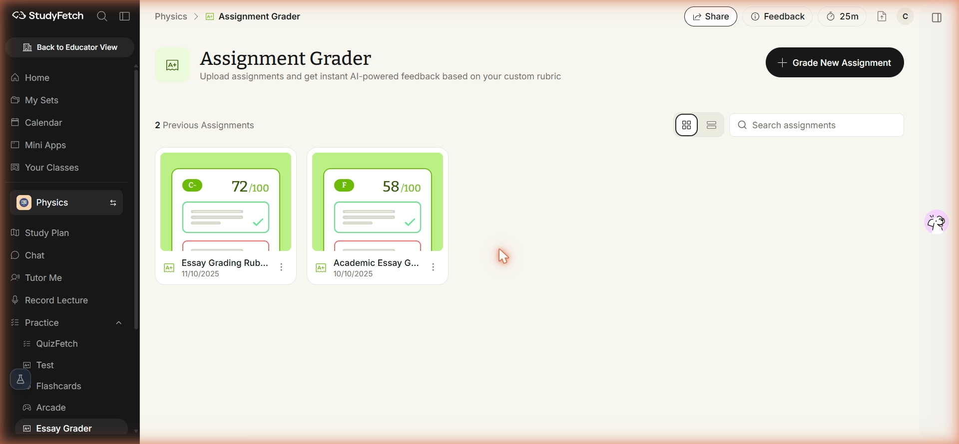The Assignment Grader page listing previously graded assignments as cards, each card showing the assignment name, a letter grade and a score out of the total, with a + Grade New Assignment button above the list.