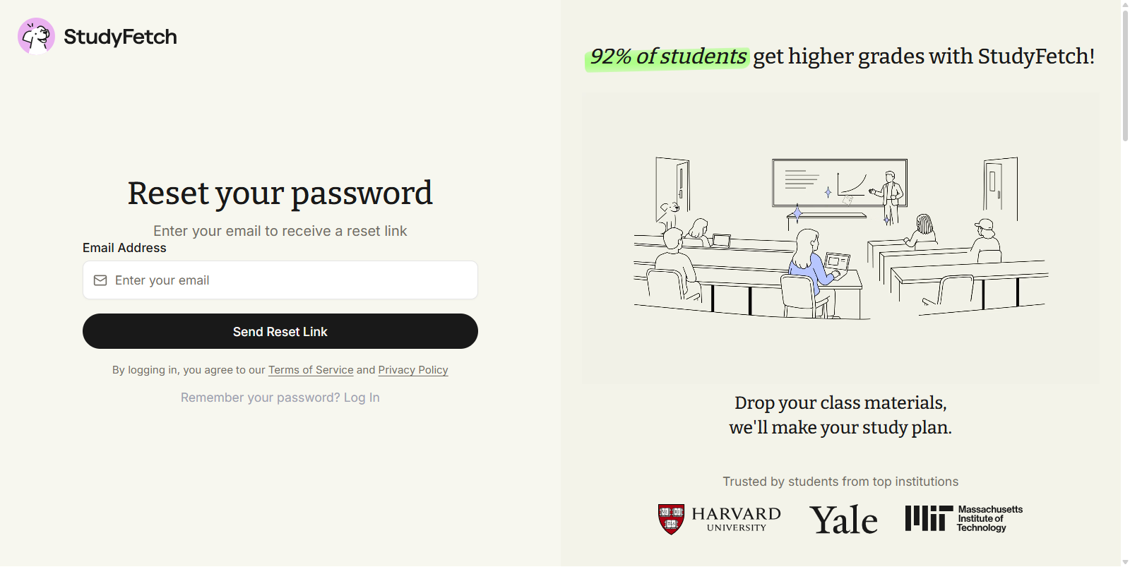 The StudyFetch Reset your password screen, with an Email Address field and a Send Reset Link button, reached from the Reset Password link on the login page