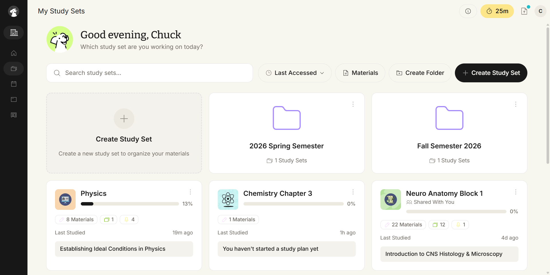 My Study Sets page, greeting Good evening, Chuck. A Search study sets field sits beside Last Accessed, Materials, Create Folder and Create Study Set controls. The grid holds a Create Study Set tile and two folder cards, 2026 Spring Semester with 1 Study Sets and Fall Semester 2026 with 1 Study Sets, each with a three dot menu. Study Set cards below are Physics at 13 percent, Chemistry Chapter 3 at 0 percent and Neuro Anatomy Block 1, Shared With You, at 0 percent.