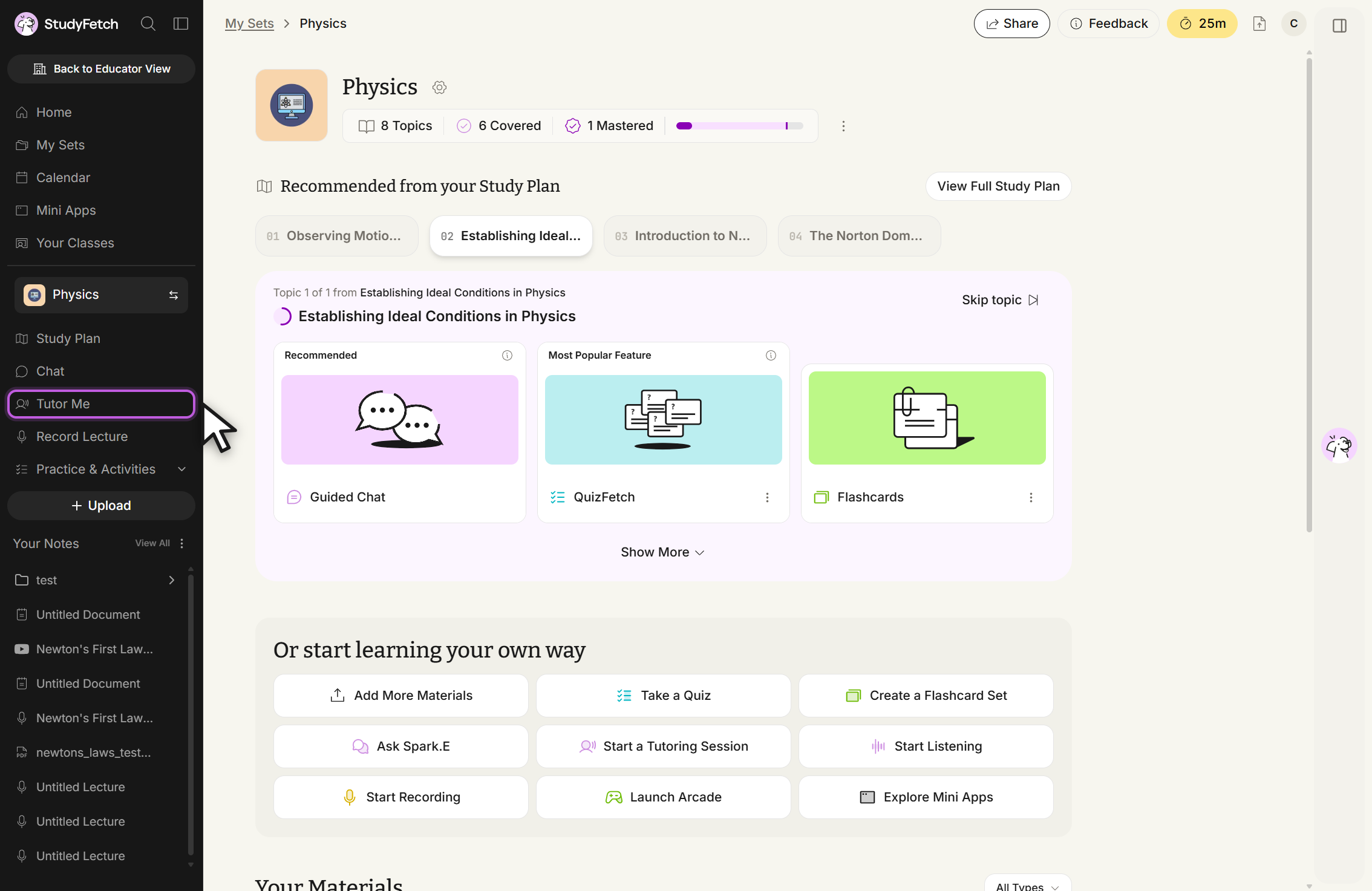 Physics set page in StudyFetch. The breadcrumb reads My Sets, Physics, and the header shows 8 Topics, 6 Covered, 1 Mastered. The left navigation rail lists Home, My Sets, Calendar, Mini Apps, Your Classes, Physics, Study Plan, Chat, Tutor Me, Record Lecture, Practice & Activities and an Upload button. Tutor Me is outlined in purple with the cursor pointing at it.