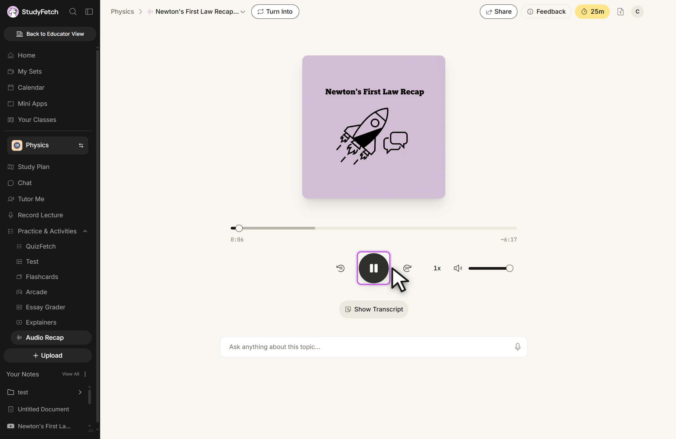 The Audio Recap player during playback. The progress bar shows the elapsed time on the left and the total length on the right. The round centre button now shows a Pause icon and is highlighted with the cursor over it, flanked by the rewind 15 seconds and forward 30 seconds buttons, with the playback speed control and volume slider to the right.